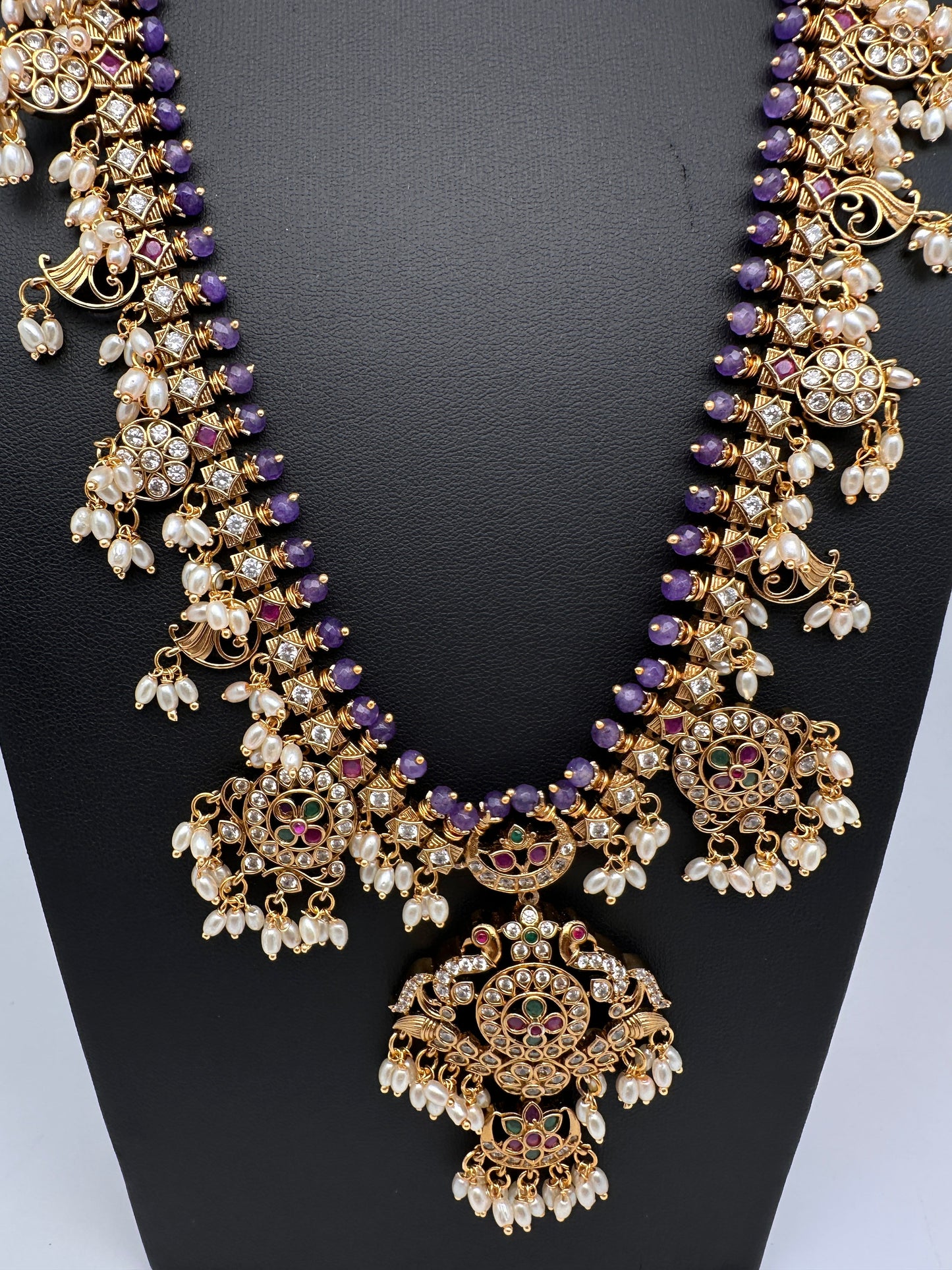 CZ Peacock Purple Rice Pearls Long Guttapusalu Necklace