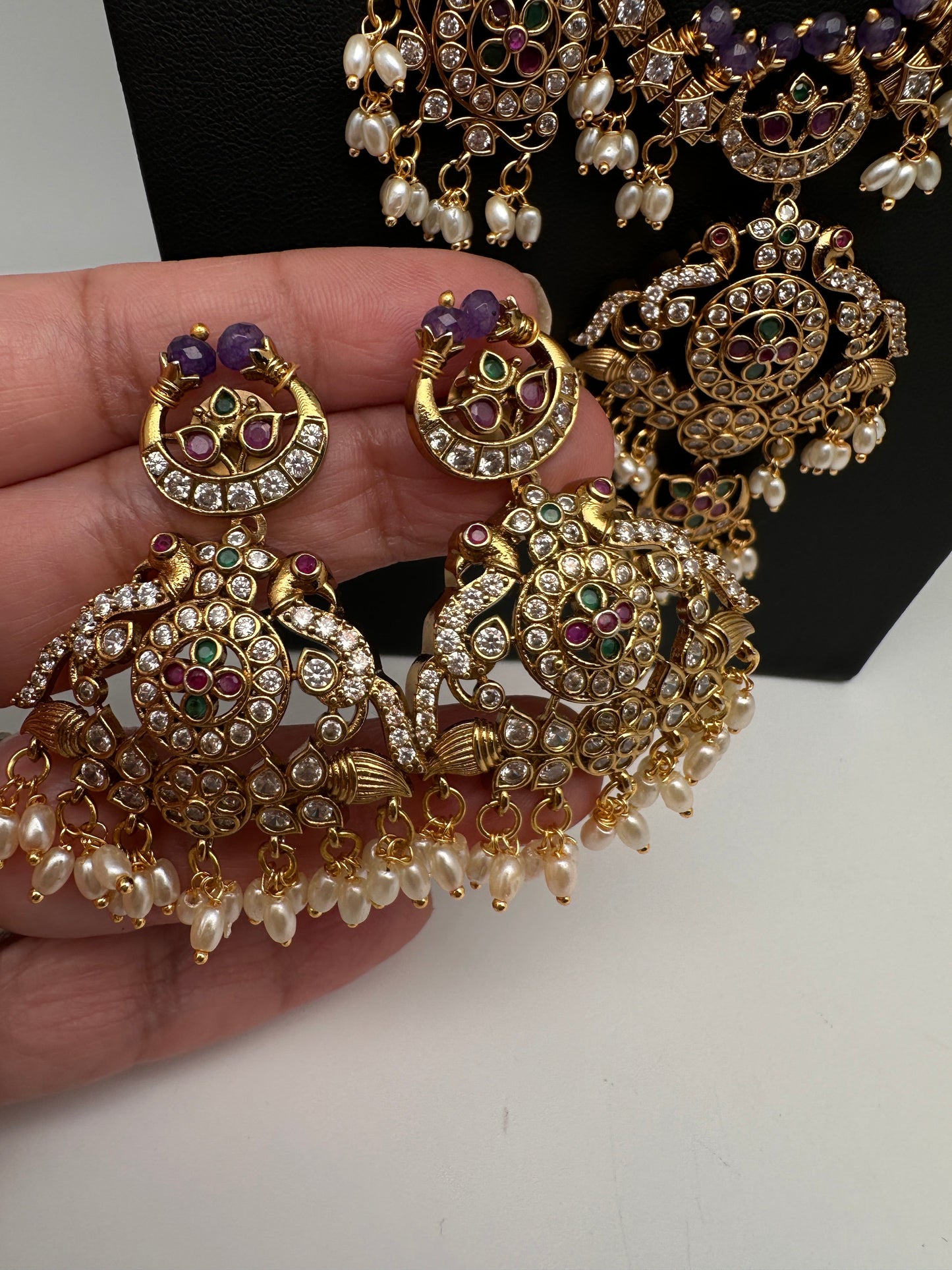 CZ Peacock Purple Rice Pearls Long Guttapusalu Necklace