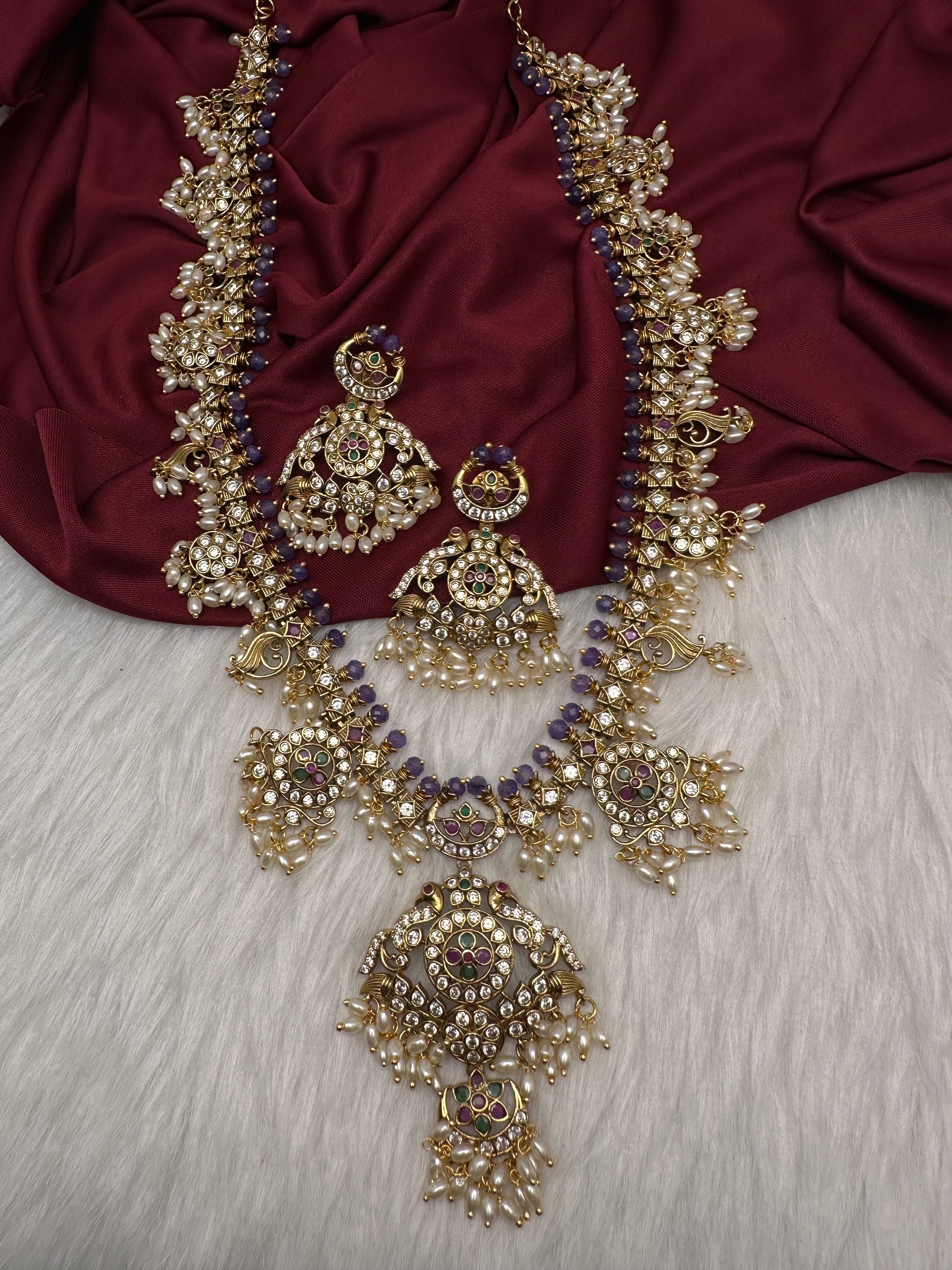 CZ Peacock Purple Rice Pearls Long Guttapusalu Necklace