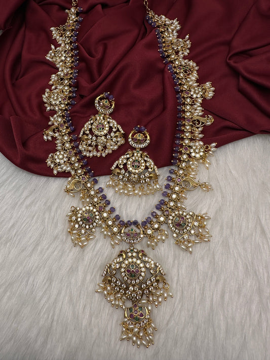 CZ Peacock Purple Rice Pearls Long Guttapusalu Necklace