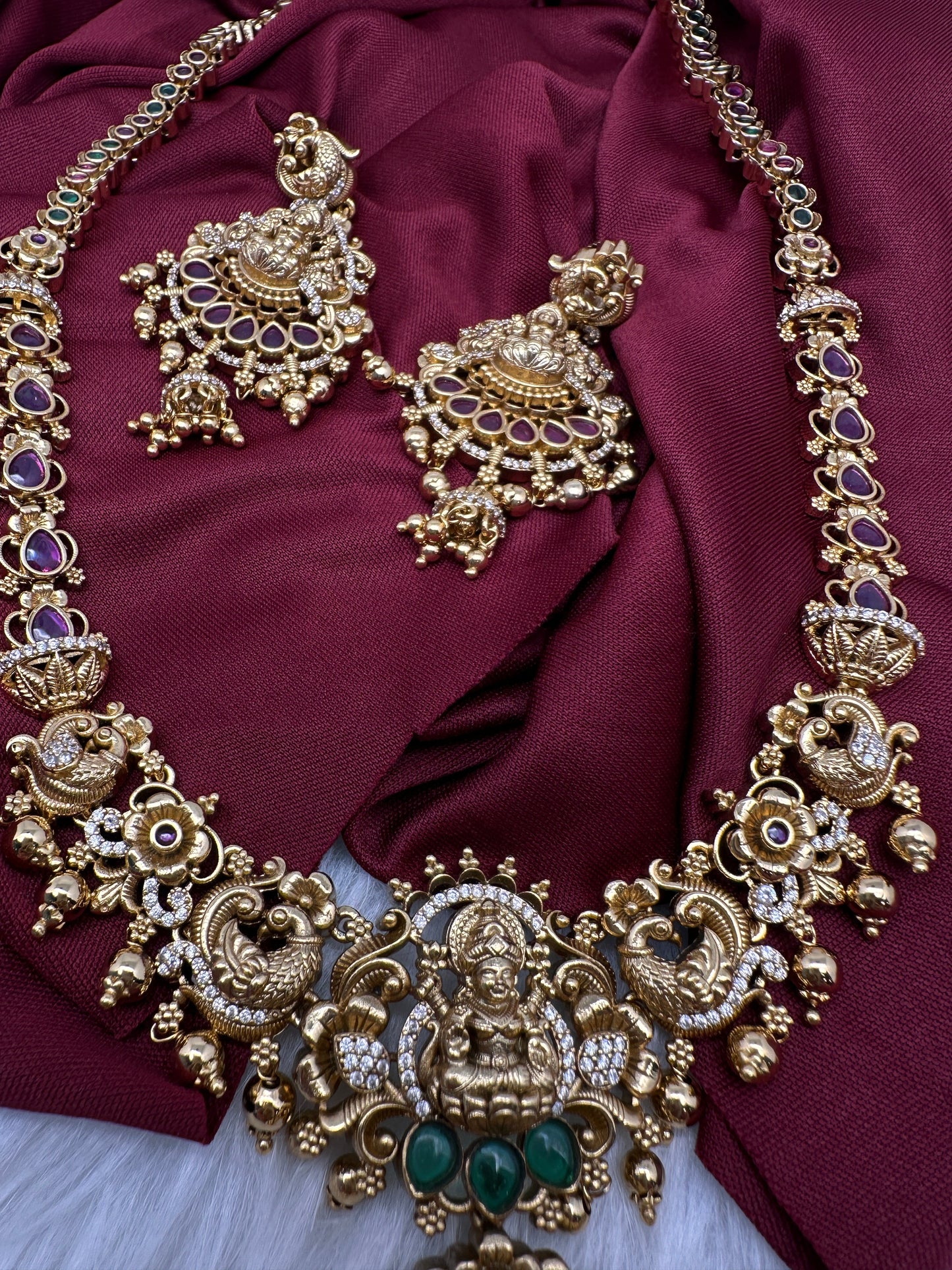 Goddess Lakshmi Peacock Matte Kemp Long Necklace