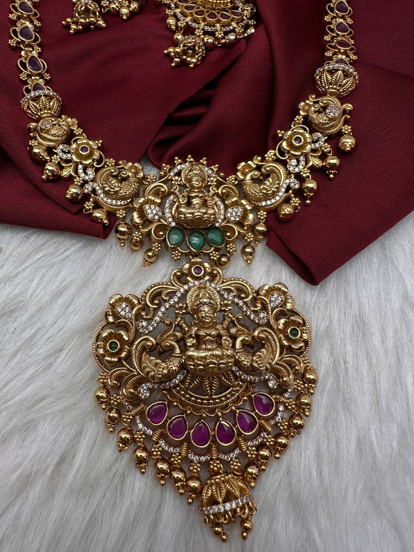 Goddess Lakshmi Peacock Matte Kemp Long Necklace