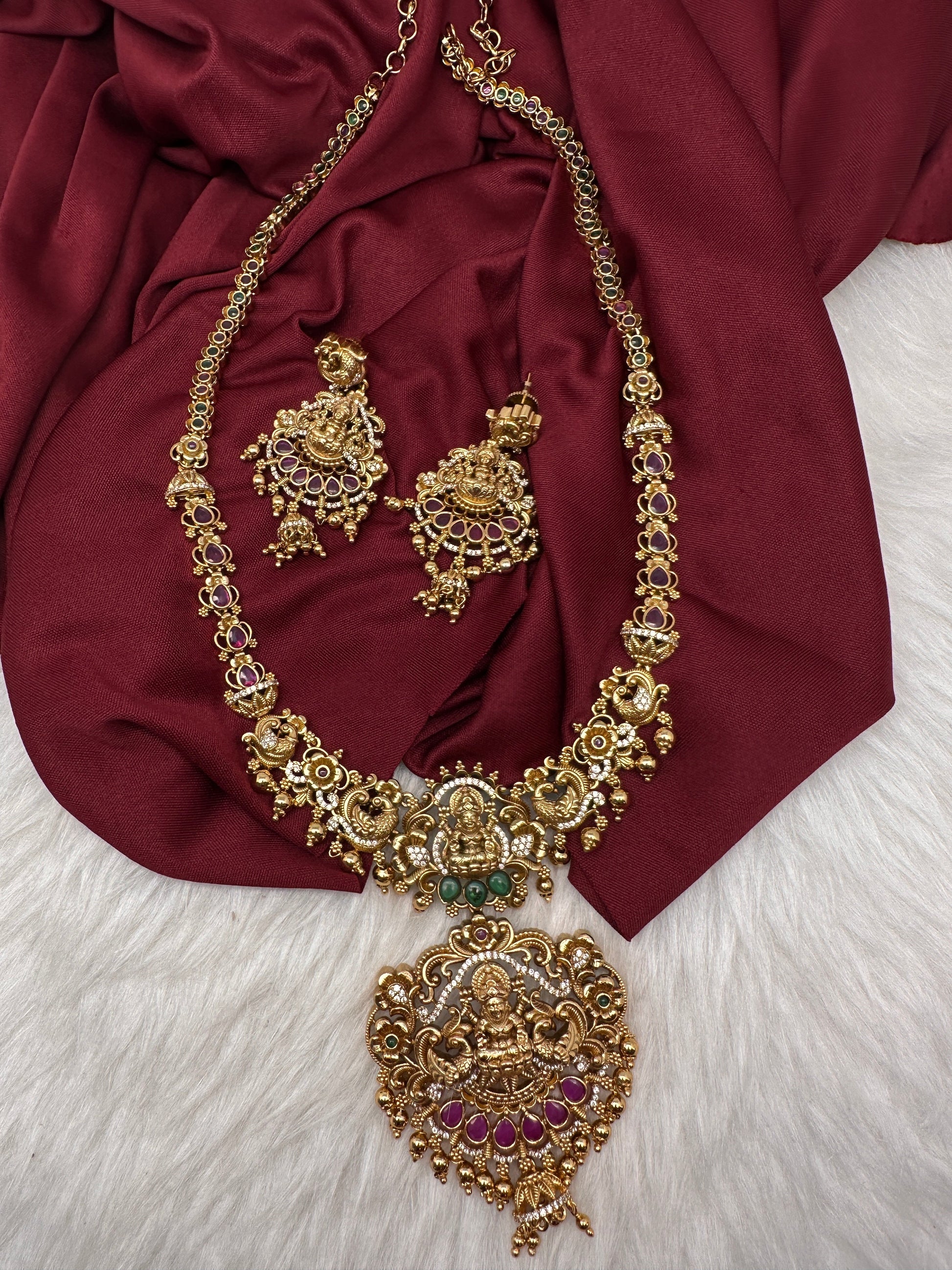 Goddess Lakshmi Peacock Matte Kemp Long Necklace