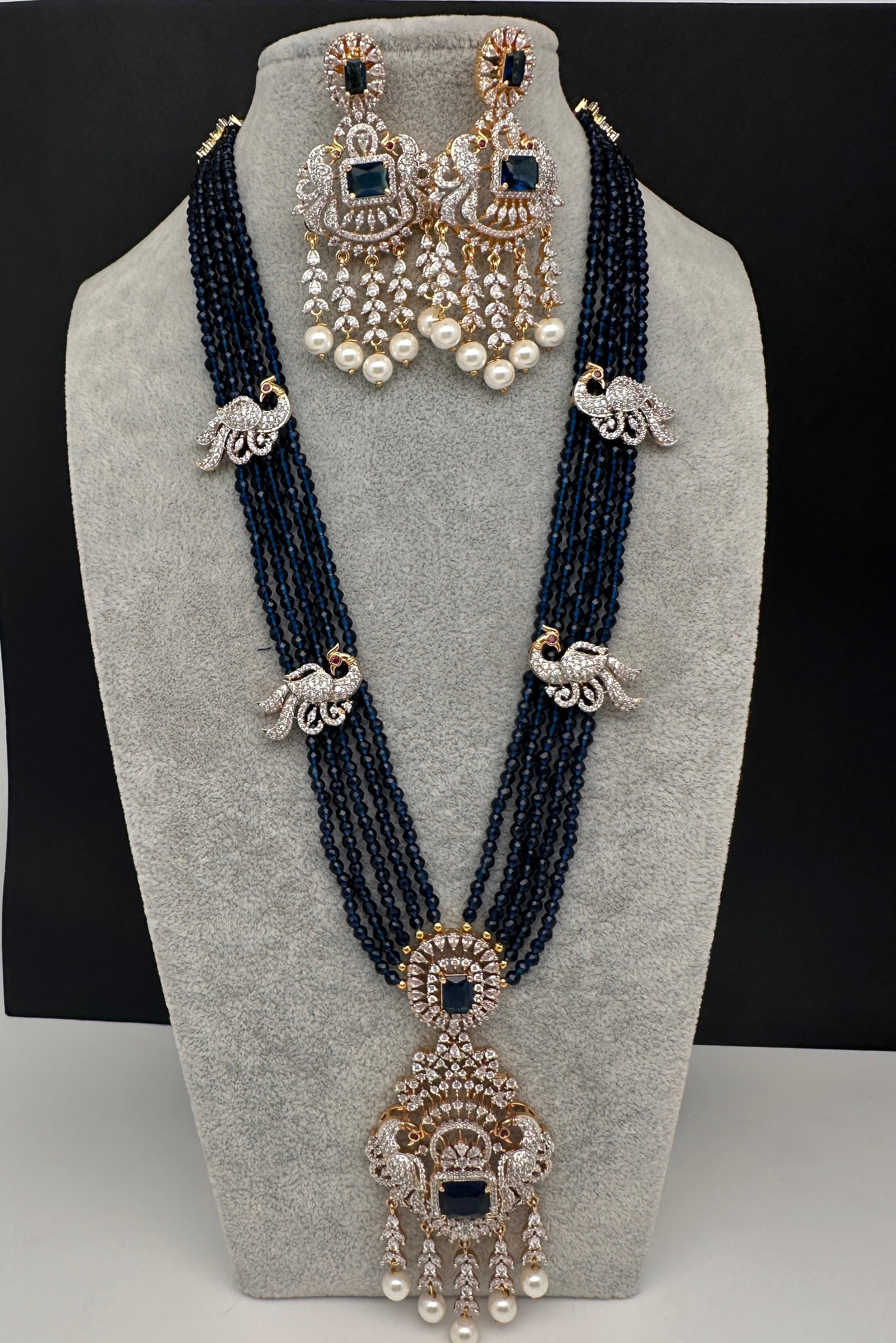 CZ Beads Long Color Stone Peacock Necklace - Blue