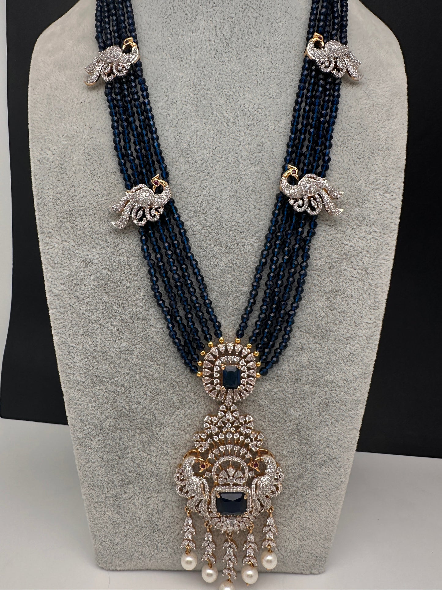 CZ Beads Long Color Stone Peacock Necklace - Blue