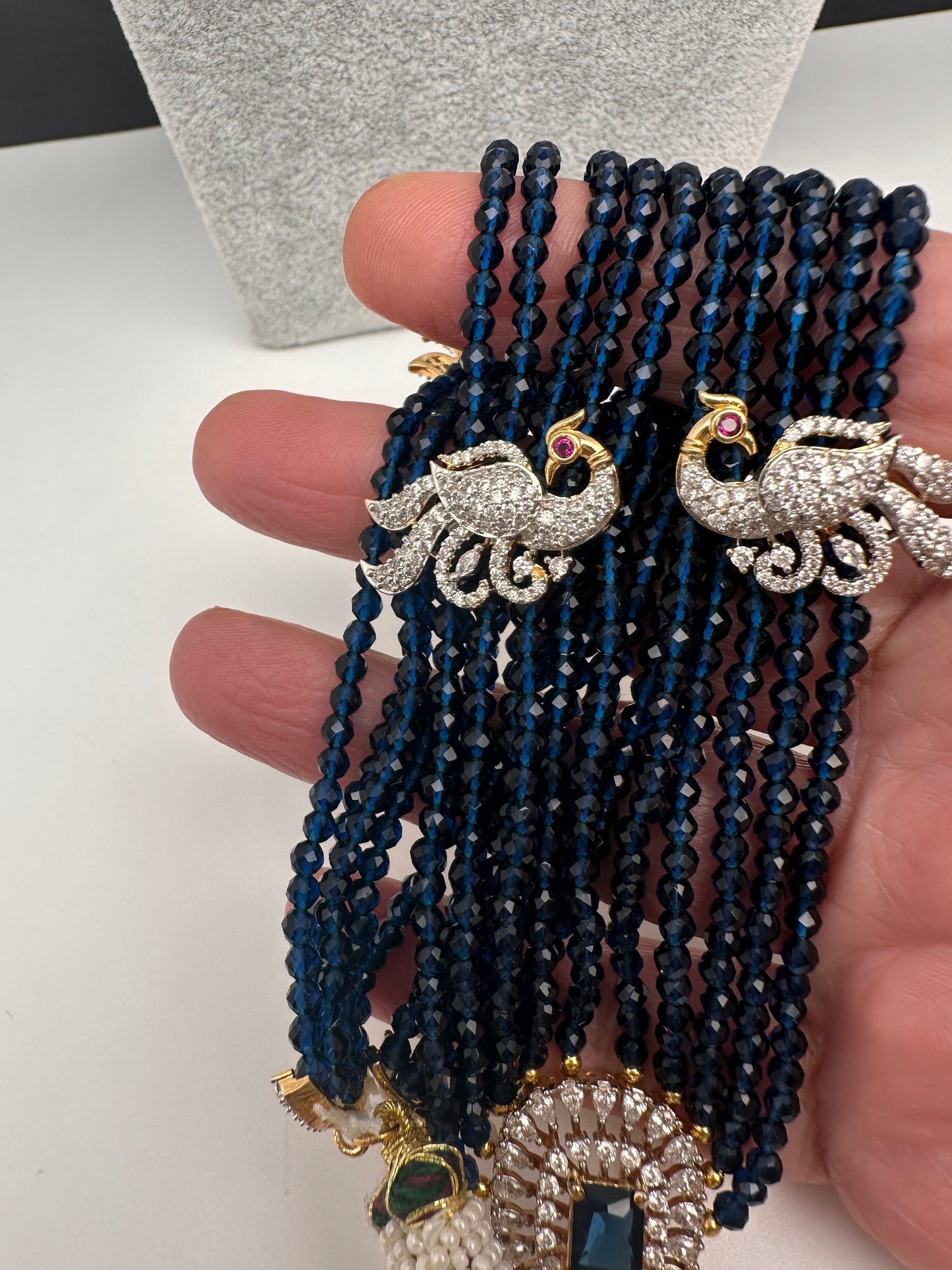 CZ Beads Long Color Stone Peacock Necklace - Blue