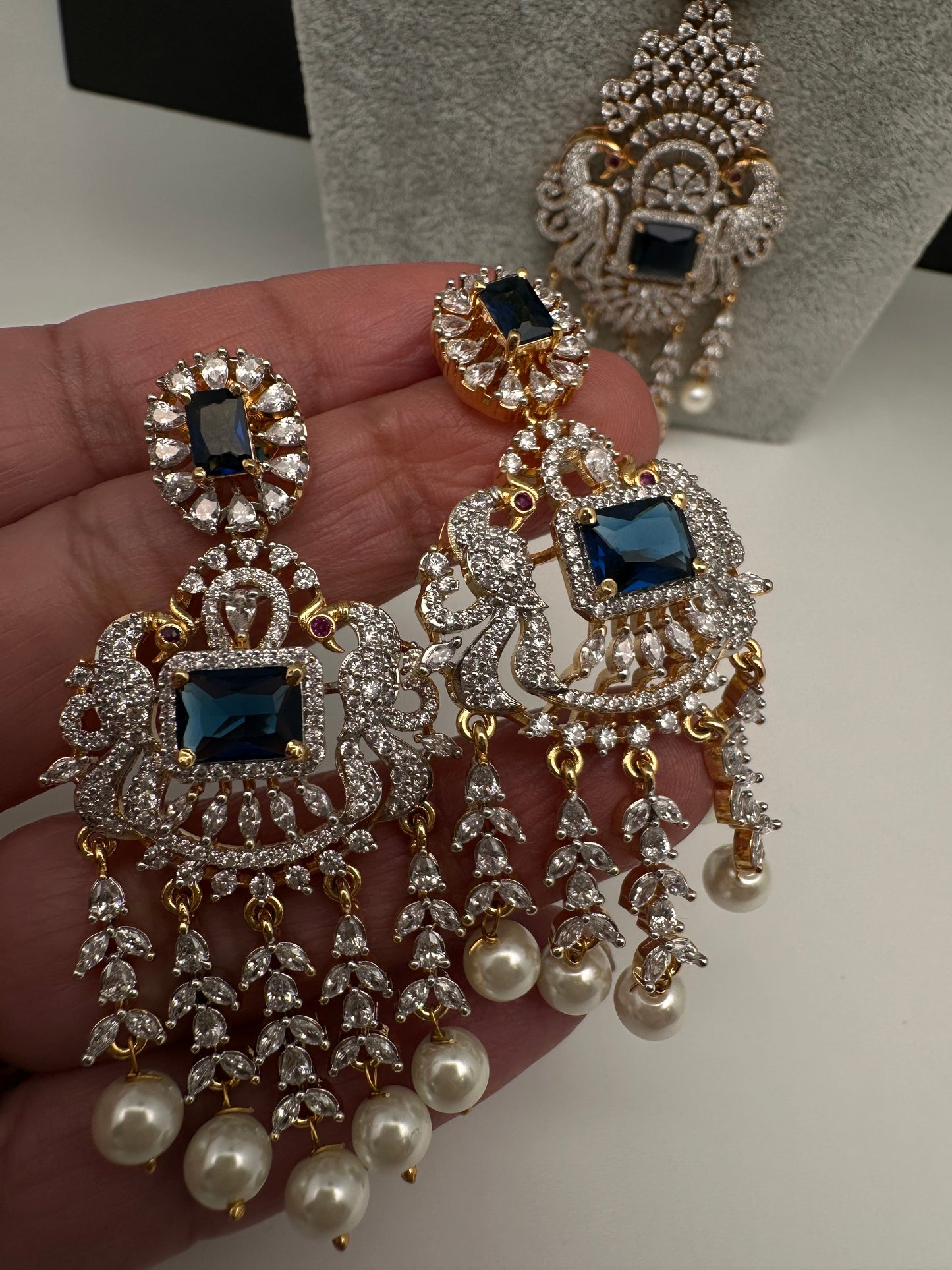 CZ Beads Long Color Stone Peacock Necklace - Blue