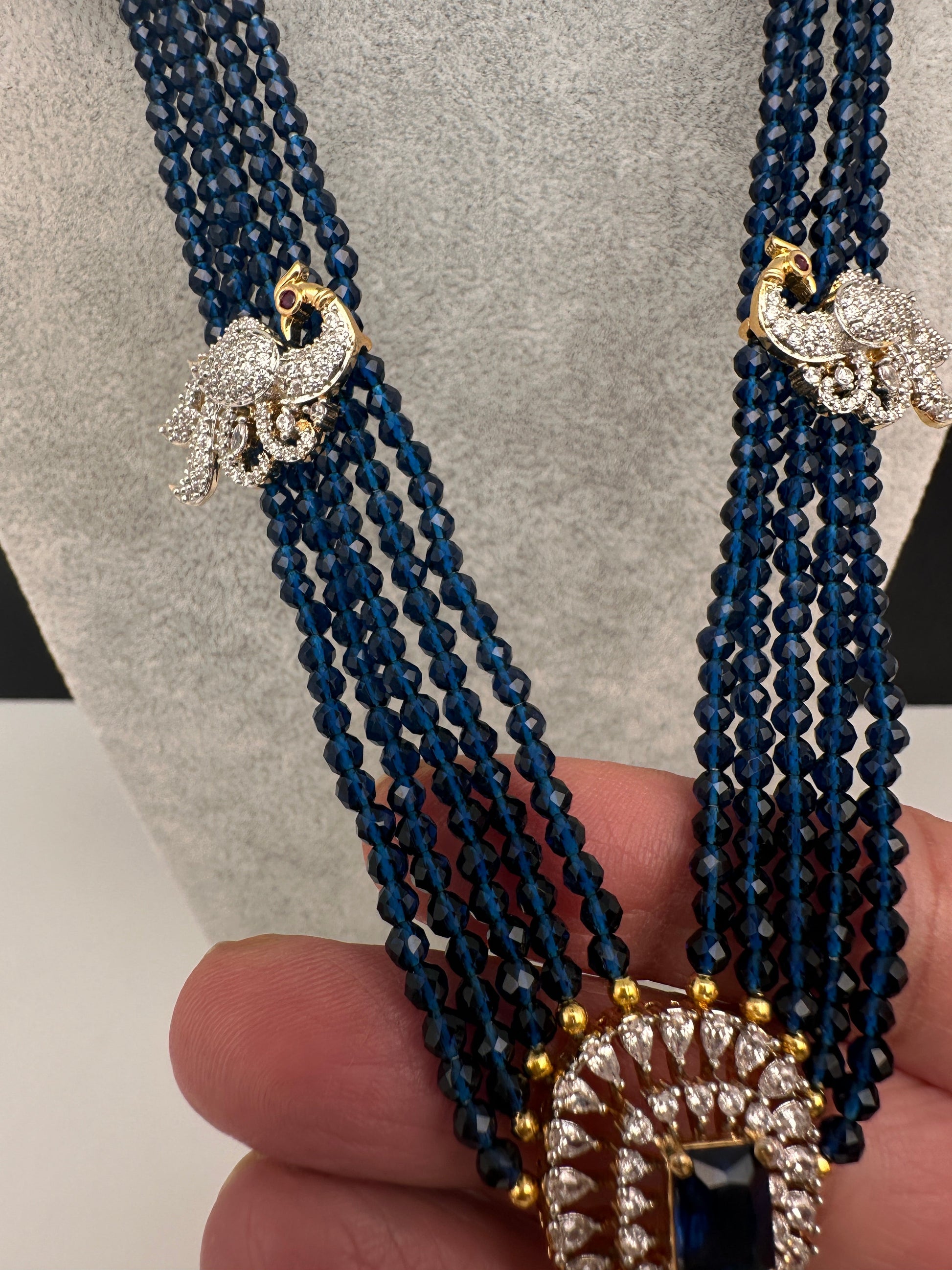 CZ Beads Long Color Stone Peacock Necklace - Blue