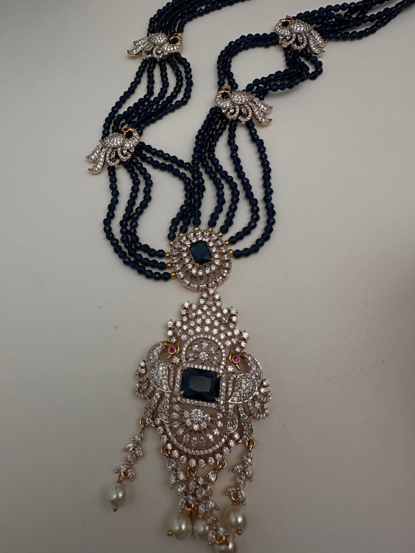 CZ Beads Long Color Stone Peacock Necklace - Blue