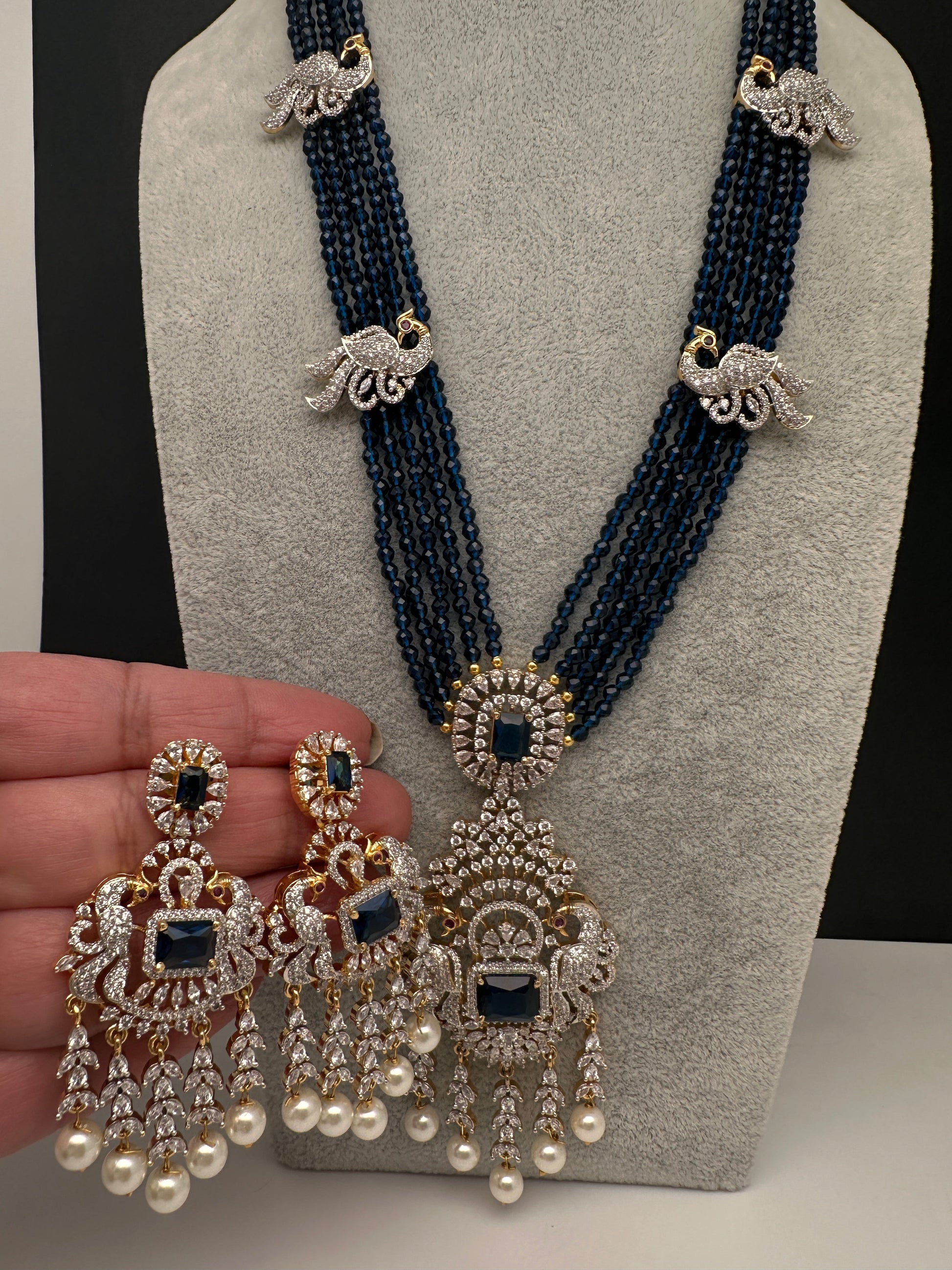 CZ Beads Long Color Stone Peacock Necklace - Blue