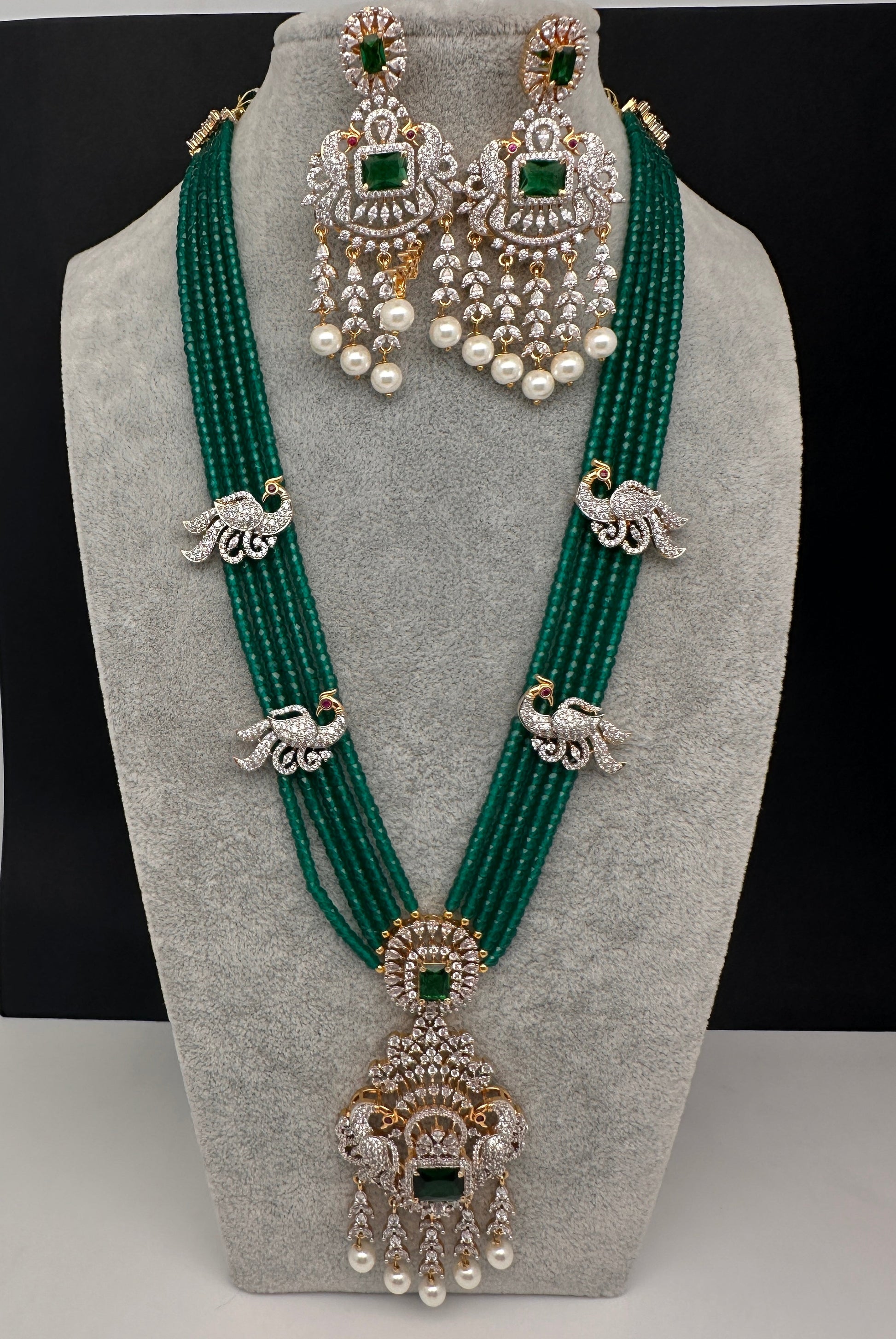 CZ Beads Long Color Stone Peacock Necklace - Green