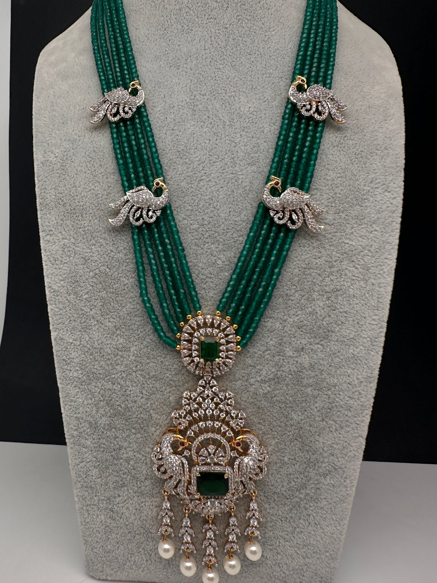CZ Beads Long Color Stone Peacock Necklace - Green