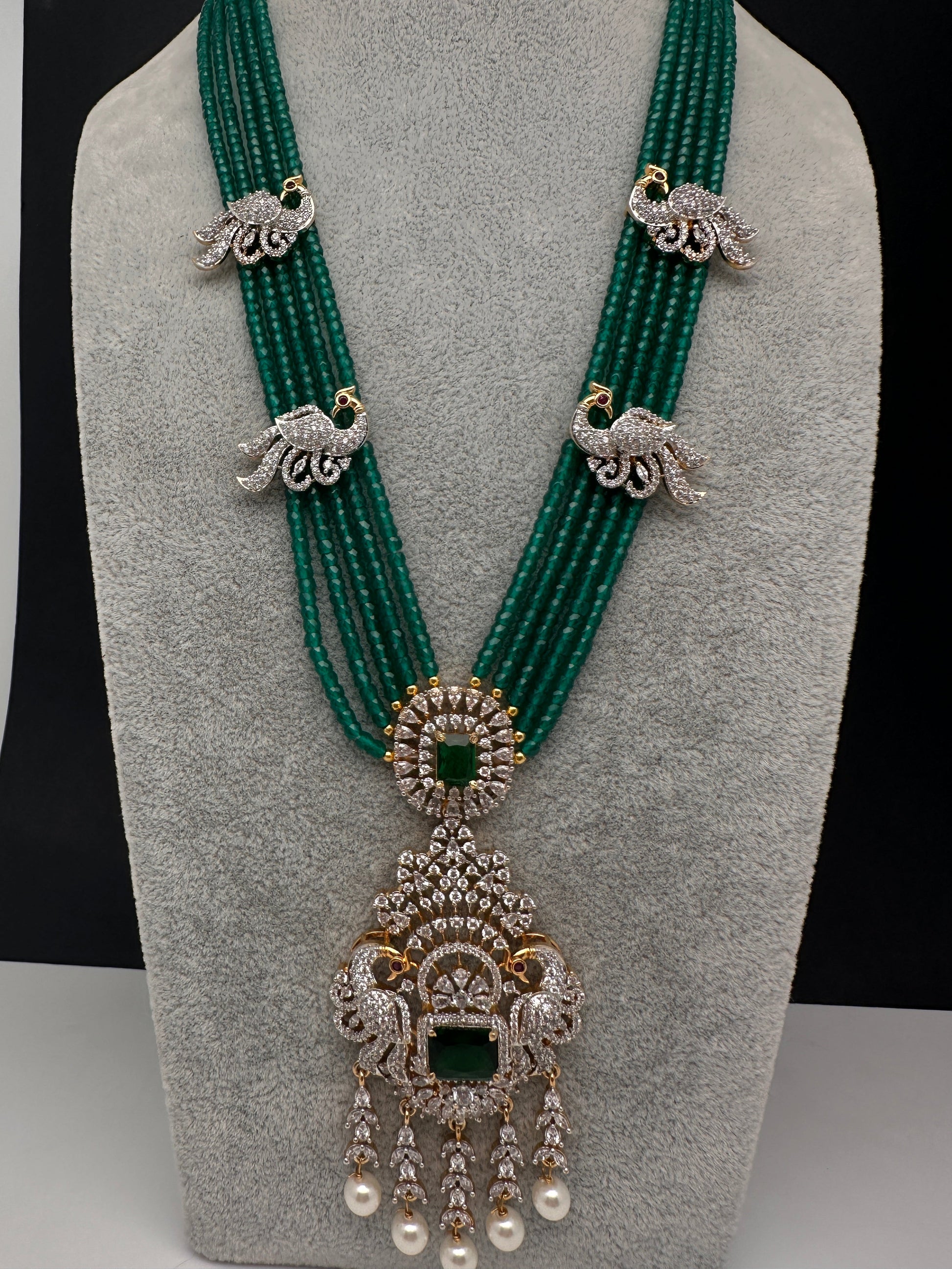 CZ Beads Long Color Stone Peacock Necklace - Green
