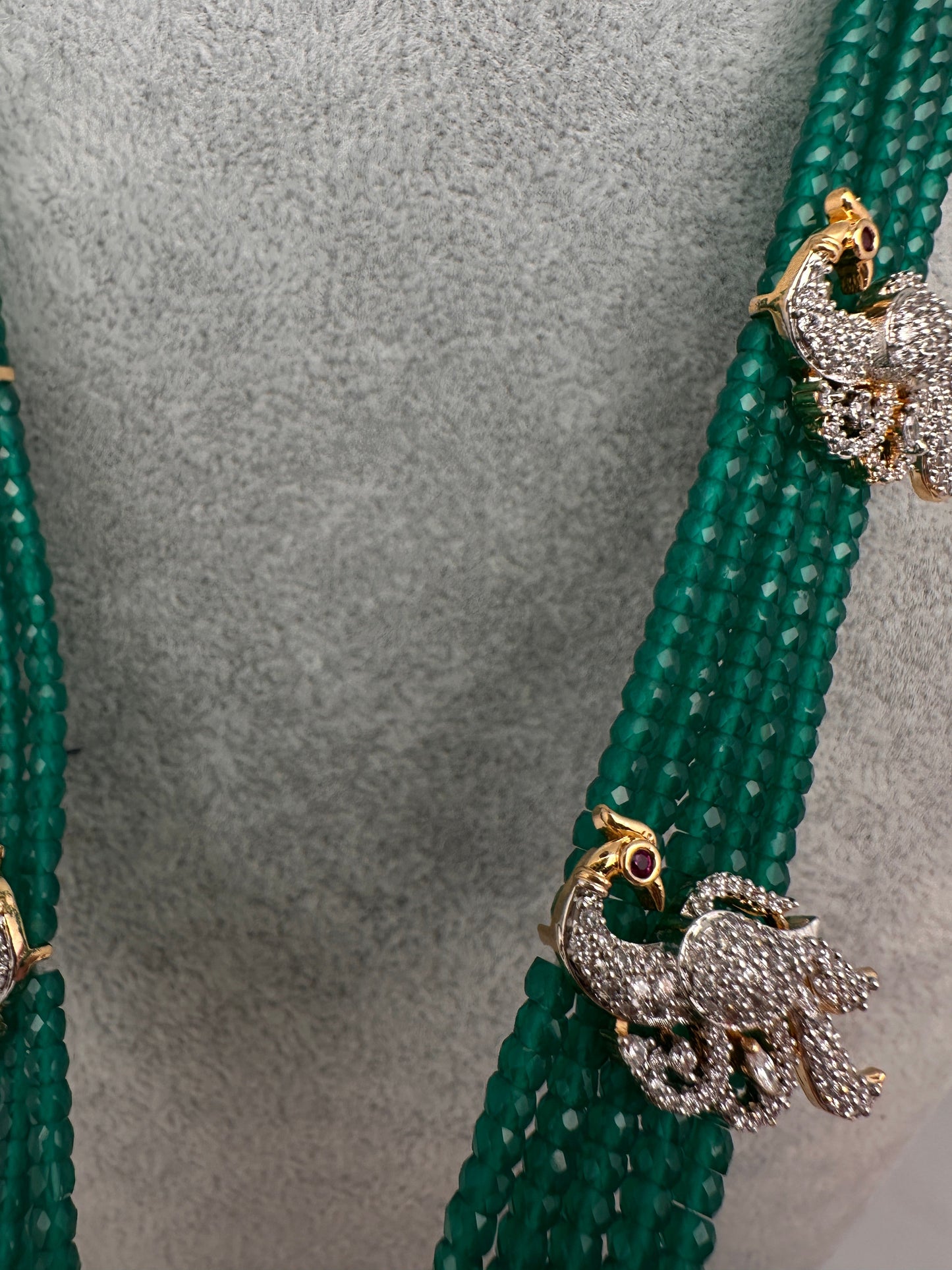 CZ Beads Long Color Stone Peacock Necklace - Green