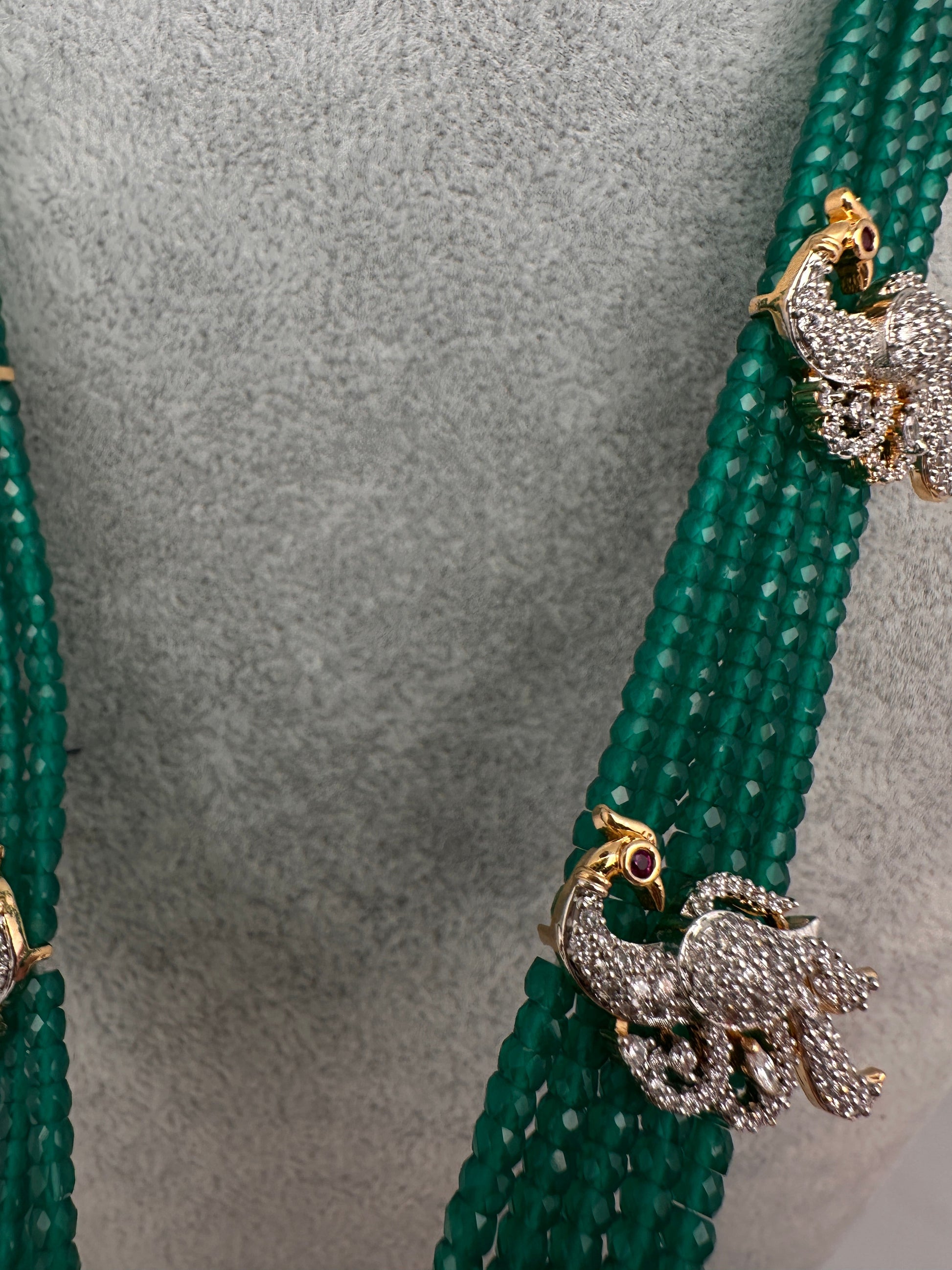 CZ Beads Long Color Stone Peacock Necklace - Green