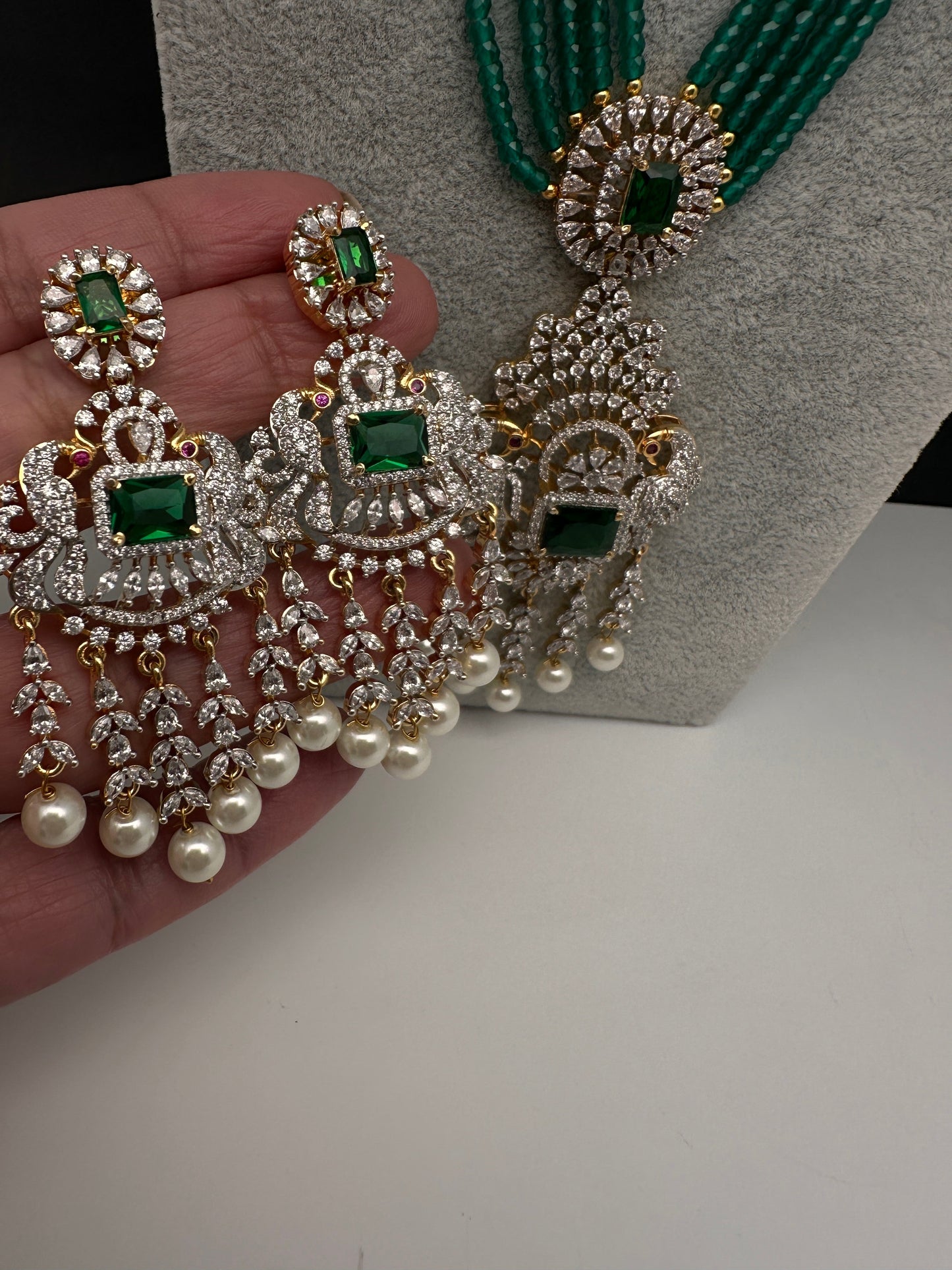 CZ Beads Long Color Stone Peacock Necklace - Green