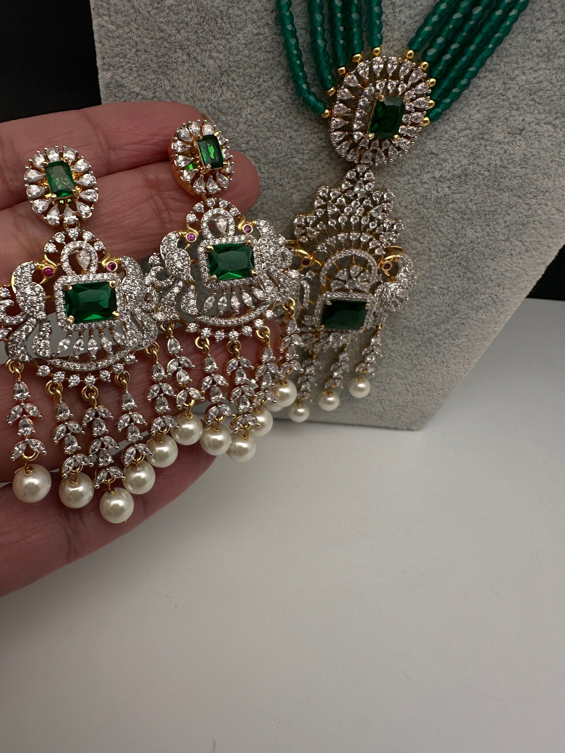 CZ Beads Long Color Stone Peacock Necklace - Green