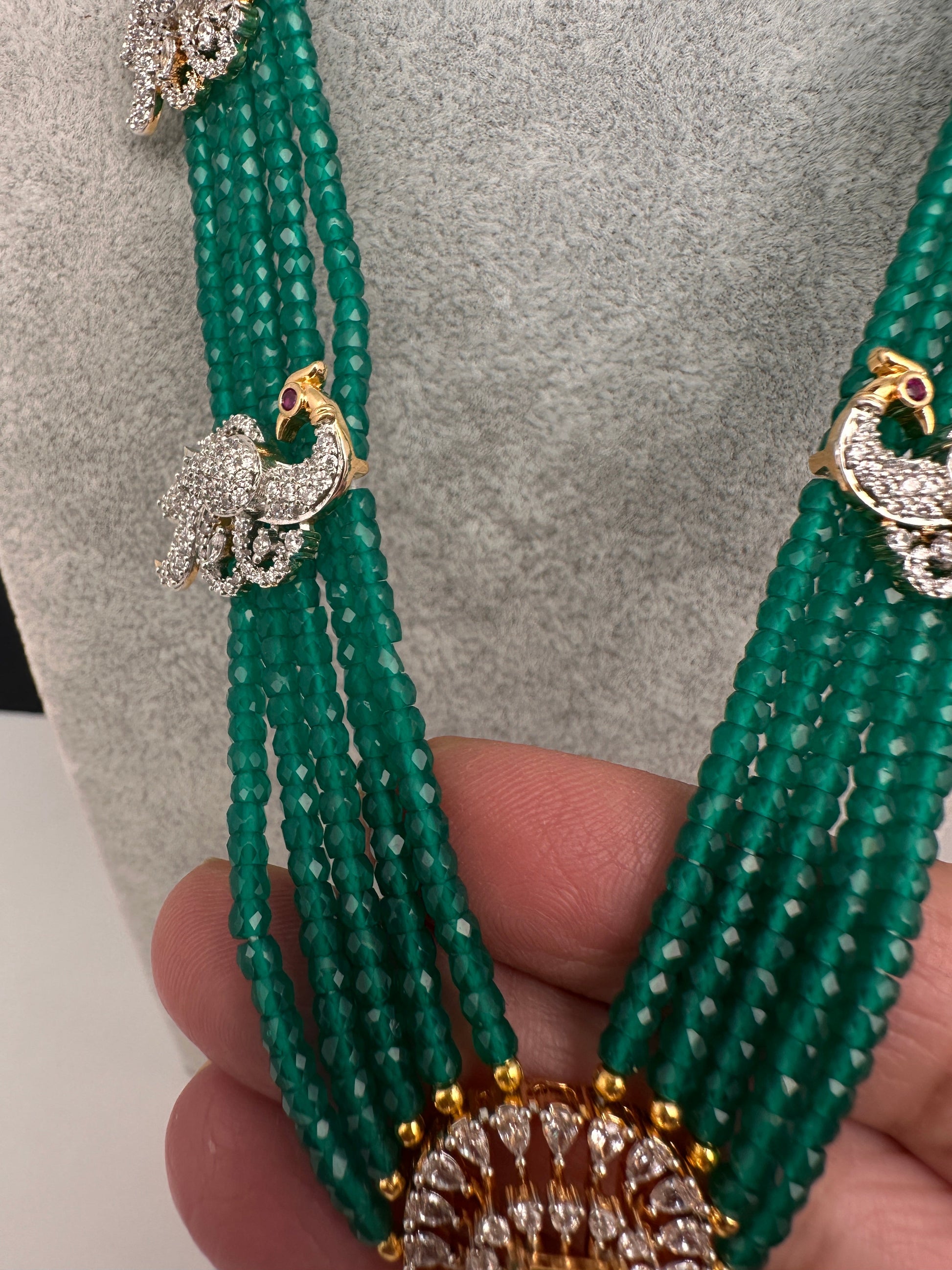 CZ Beads Long Color Stone Peacock Necklace - Green