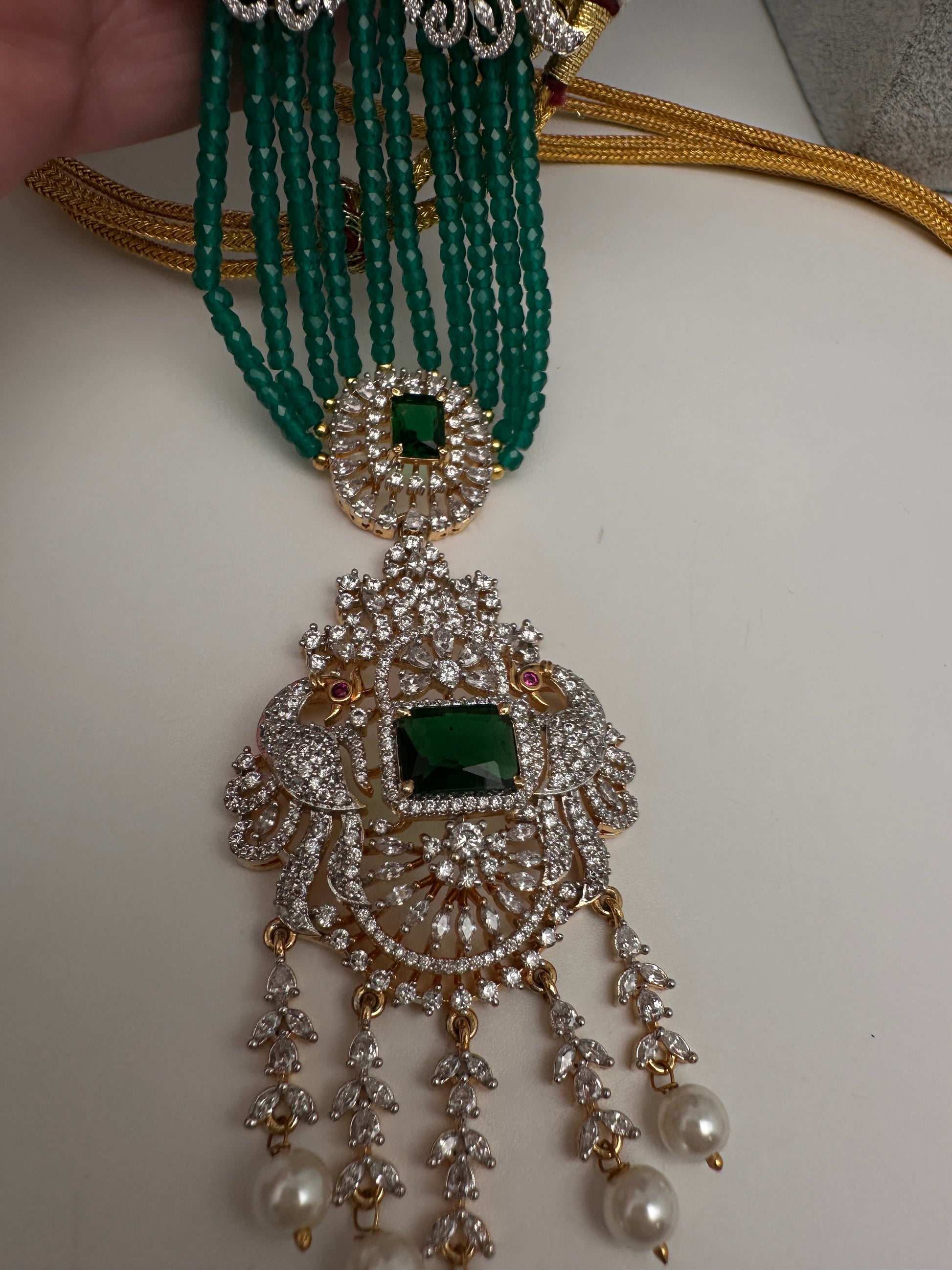 CZ Beads Long Color Stone Peacock Necklace - Green