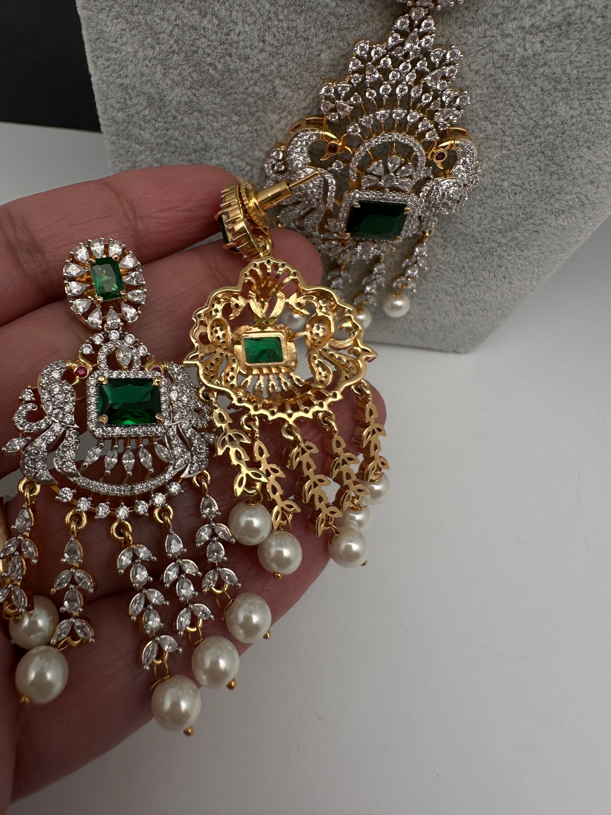 CZ Beads Long Color Stone Peacock Necklace - Green