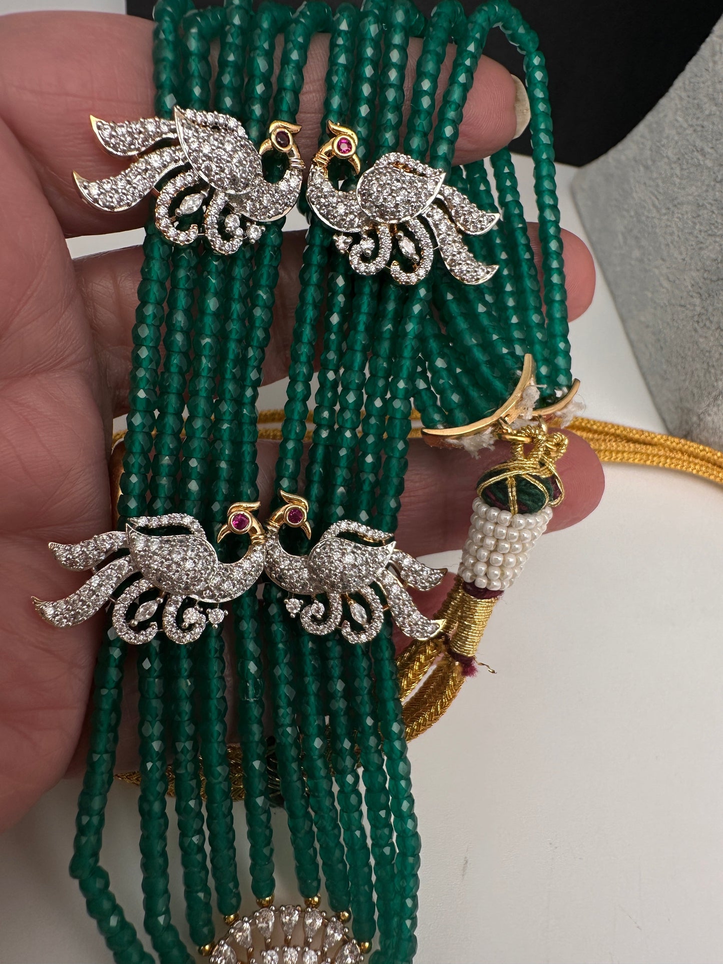 CZ Beads Long Color Stone Peacock Necklace - Green