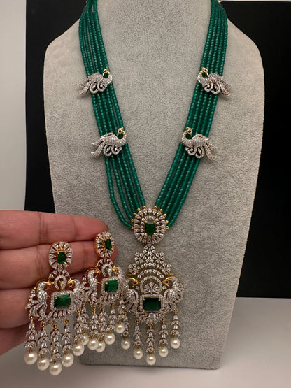CZ Beads Long Color Stone Peacock Necklace - Green