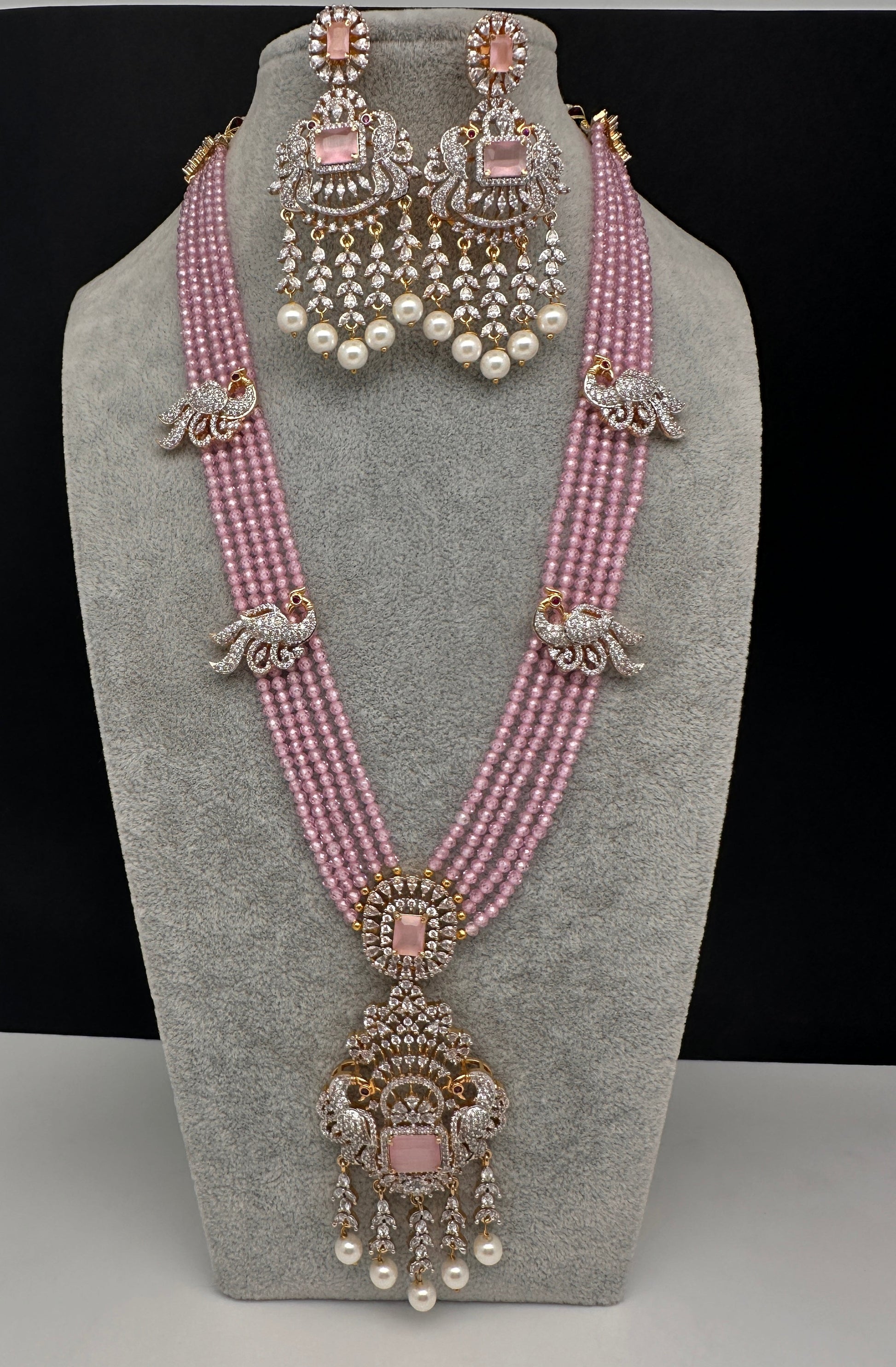 CZ Beads Long Color Stone Peacock Necklace - Pink
