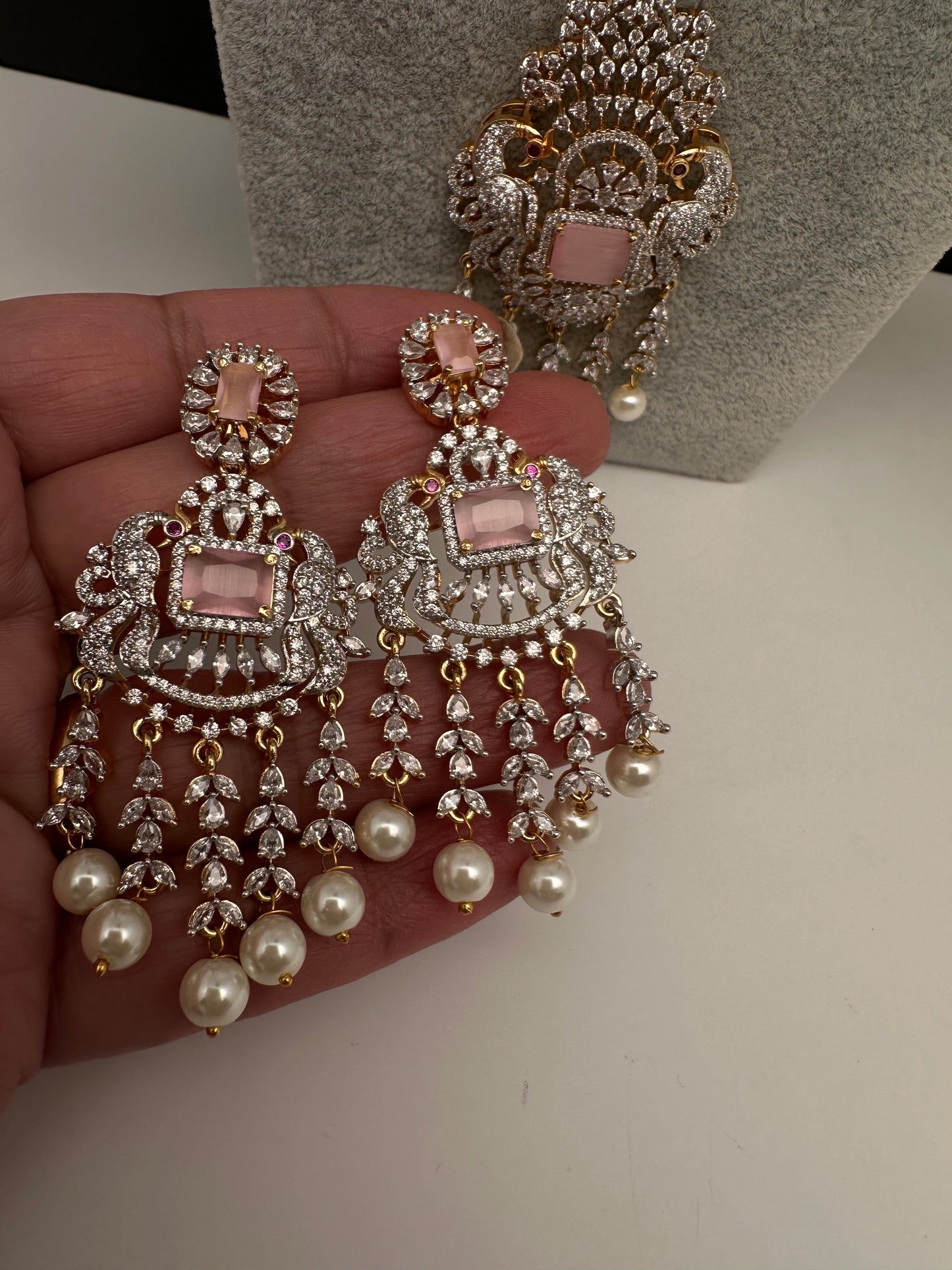 CZ Beads Long Color Stone Peacock Necklace - Pink