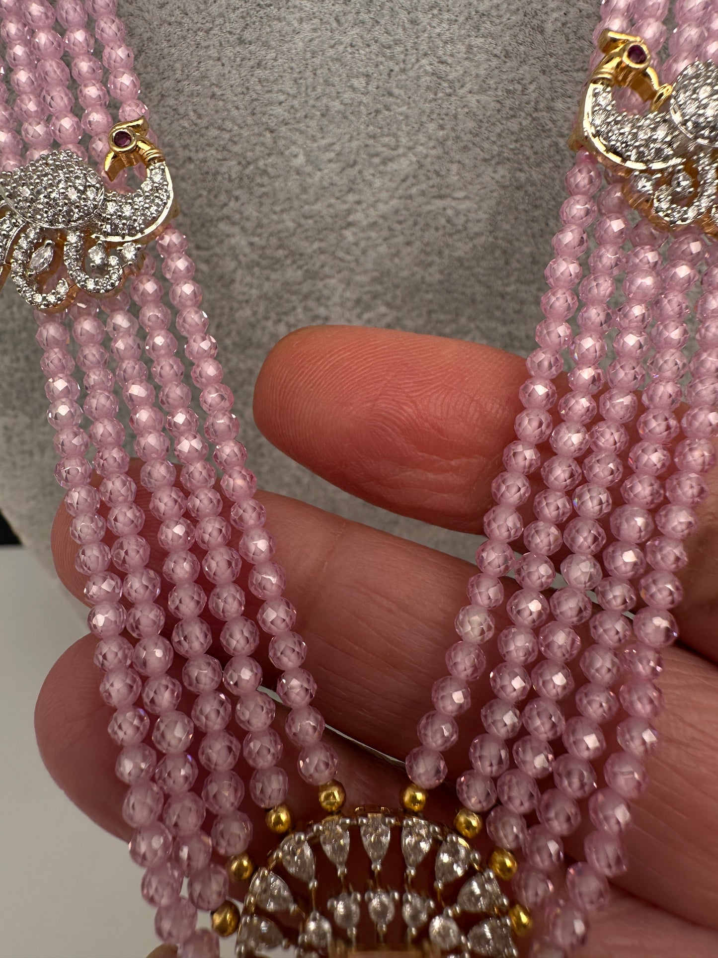 CZ Beads Long Color Stone Peacock Necklace - Pink