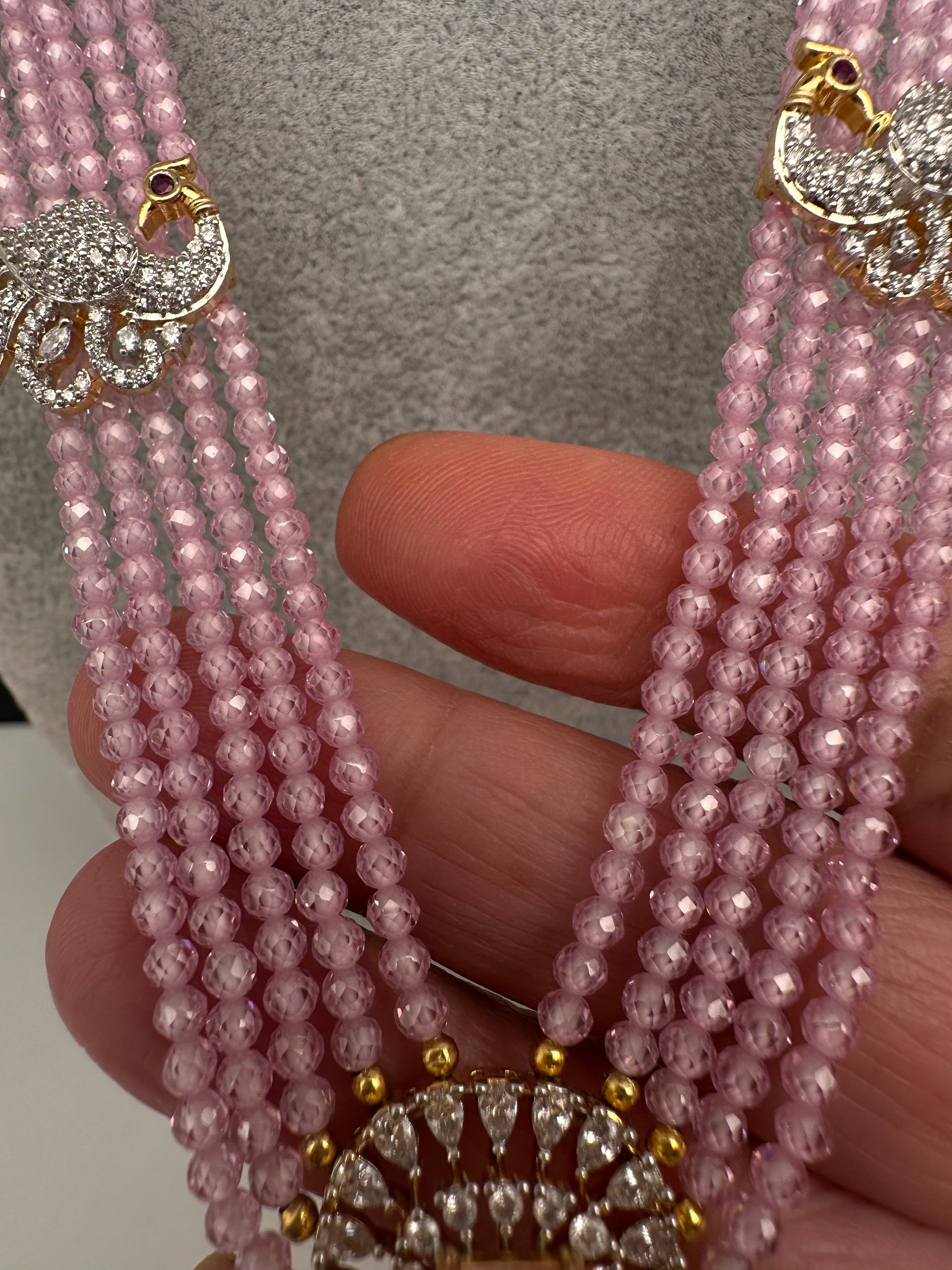 CZ Beads Long Color Stone Peacock Necklace - Pink