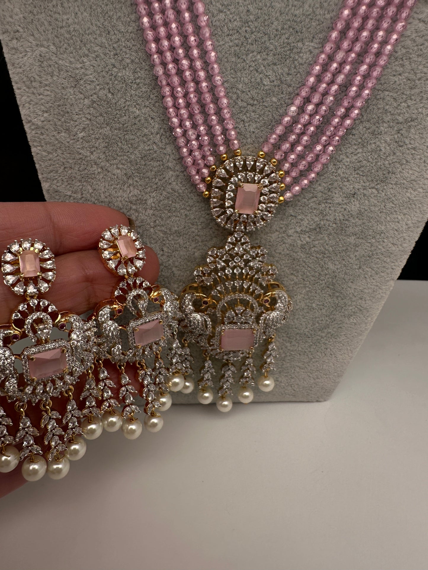 CZ Beads Long Color Stone Peacock Necklace - Pink