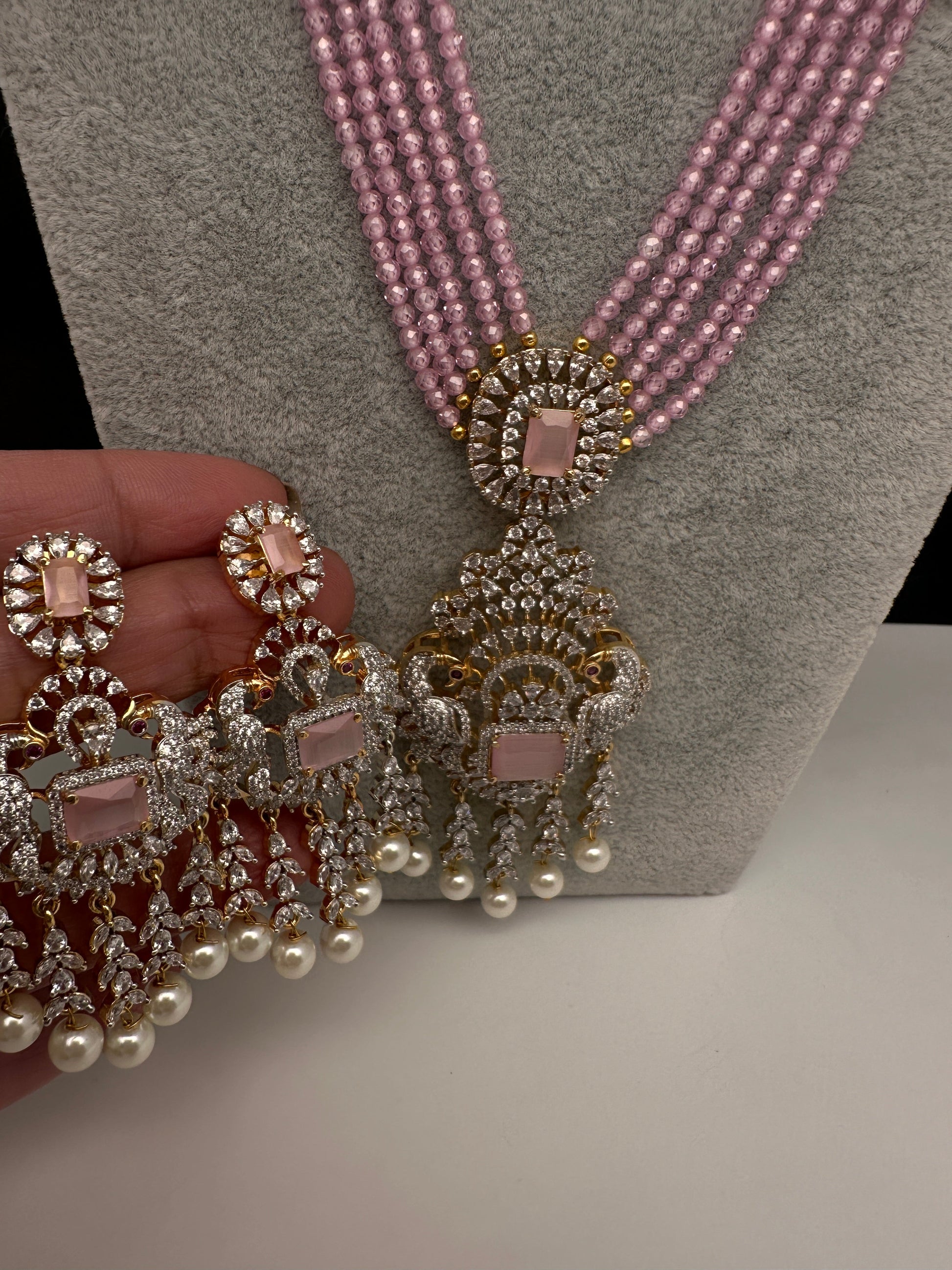 CZ Beads Long Color Stone Peacock Necklace - Pink