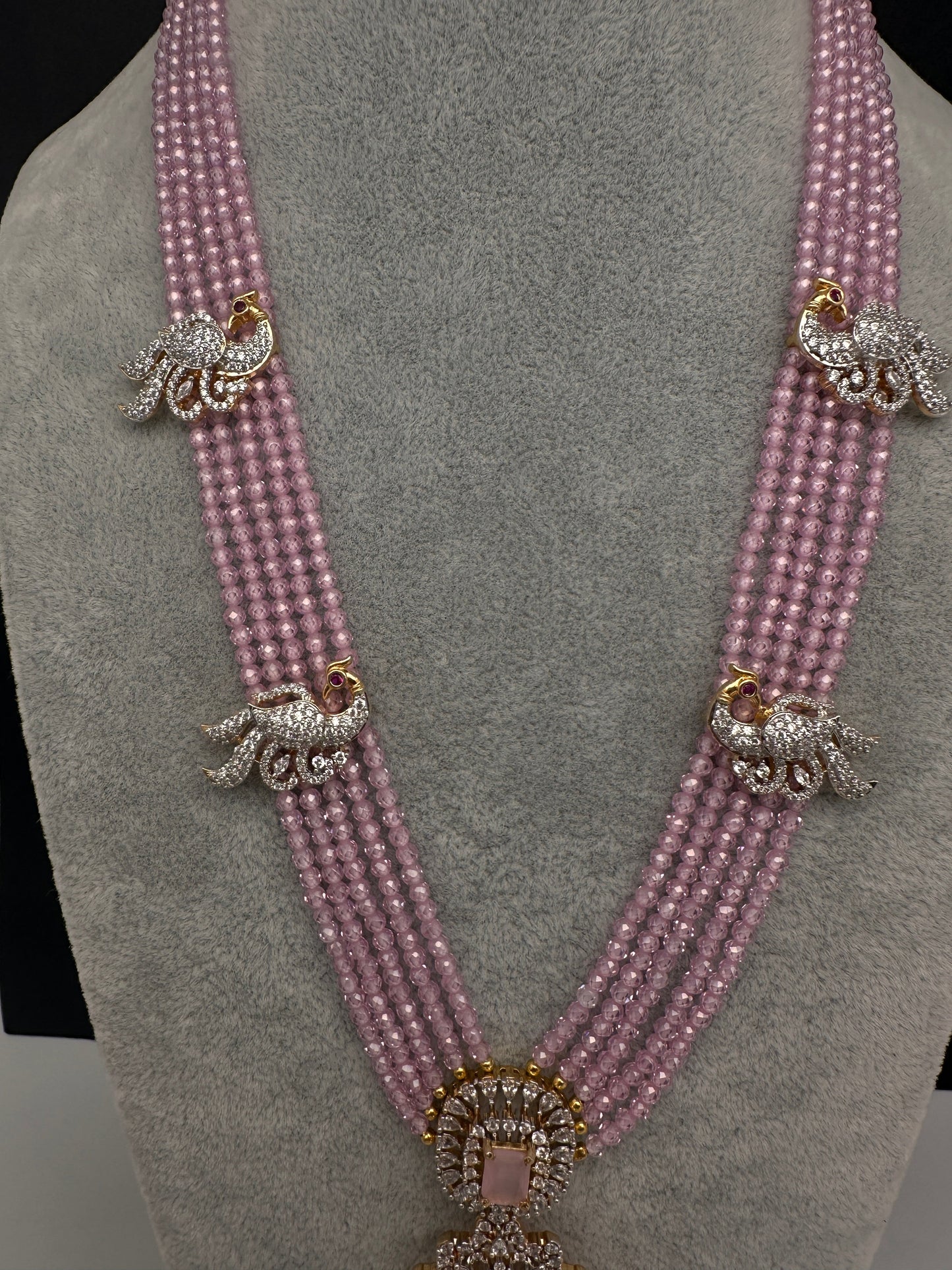 CZ Beads Long Color Stone Peacock Necklace - Pink