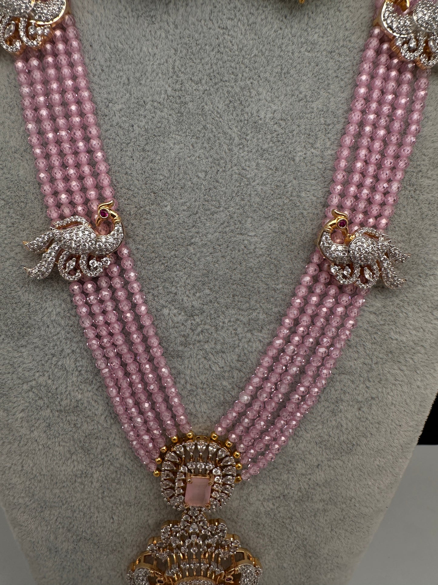 CZ Beads Long Color Stone Peacock Necklace - Pink
