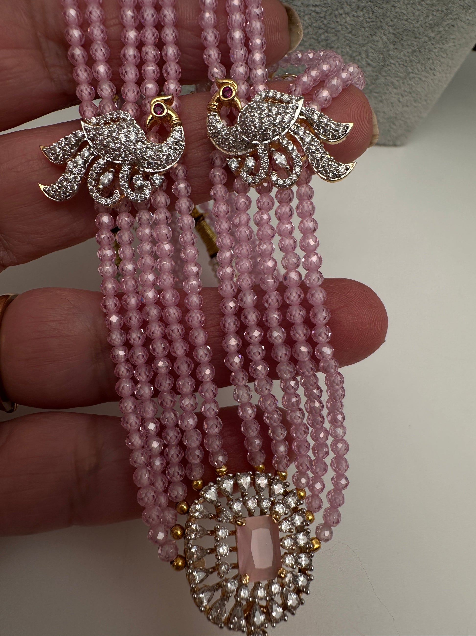 CZ Beads Long Color Stone Peacock Necklace - Pink