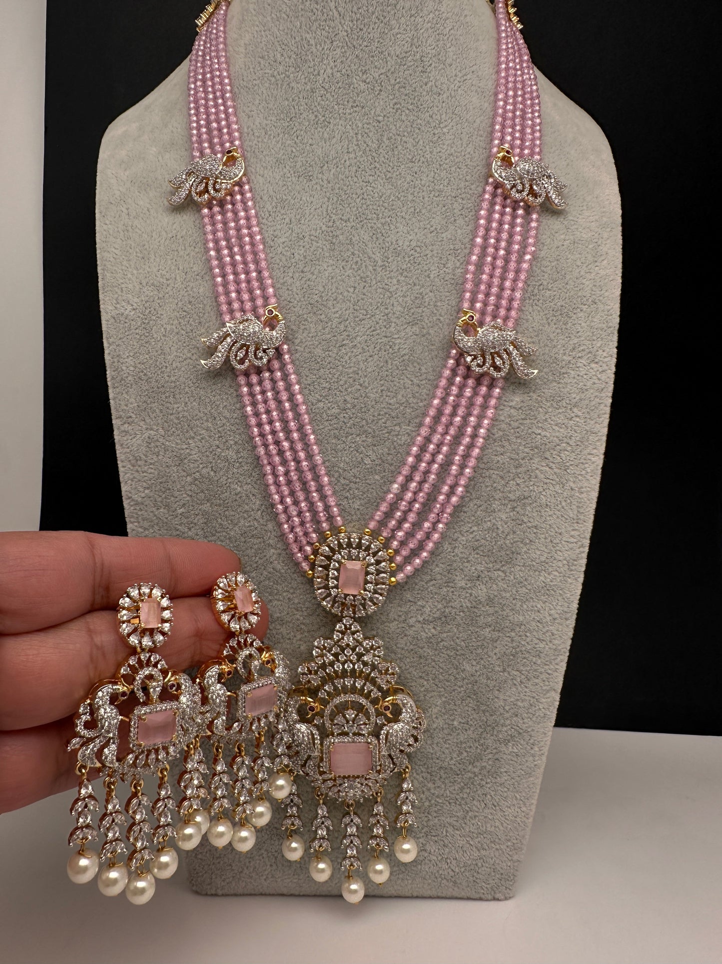 CZ Beads Long Color Stone Peacock Necklace - Pink