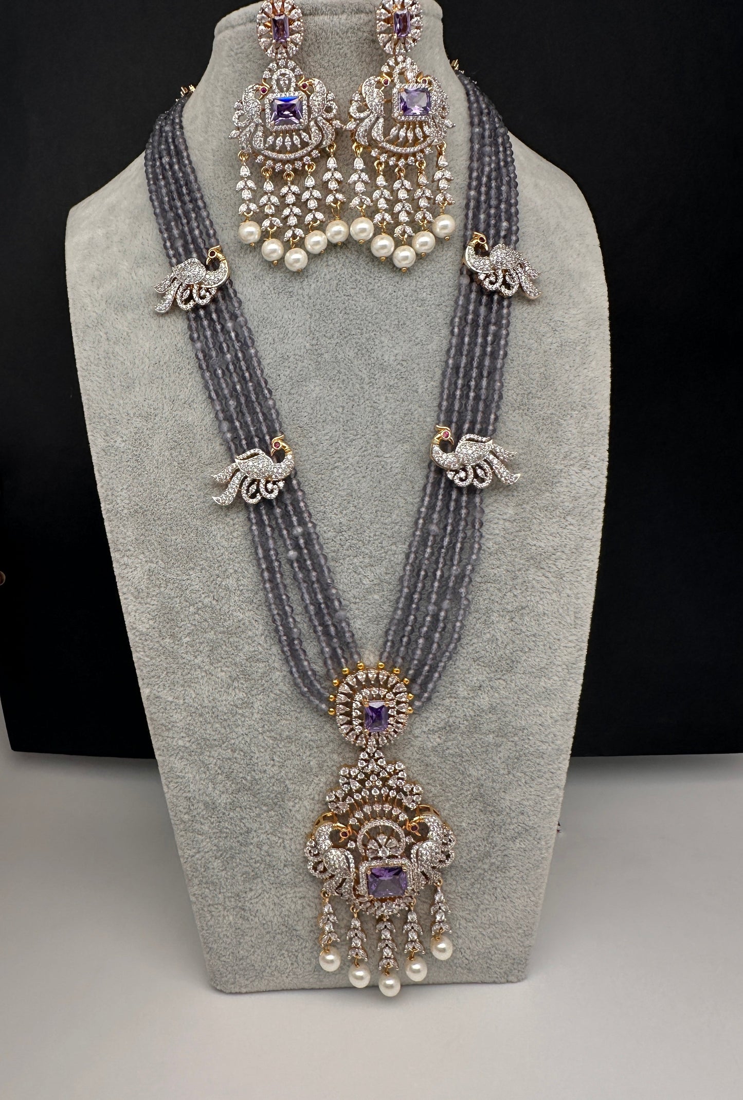CZ Beads Long Color Stone Peacock Necklace - Purple