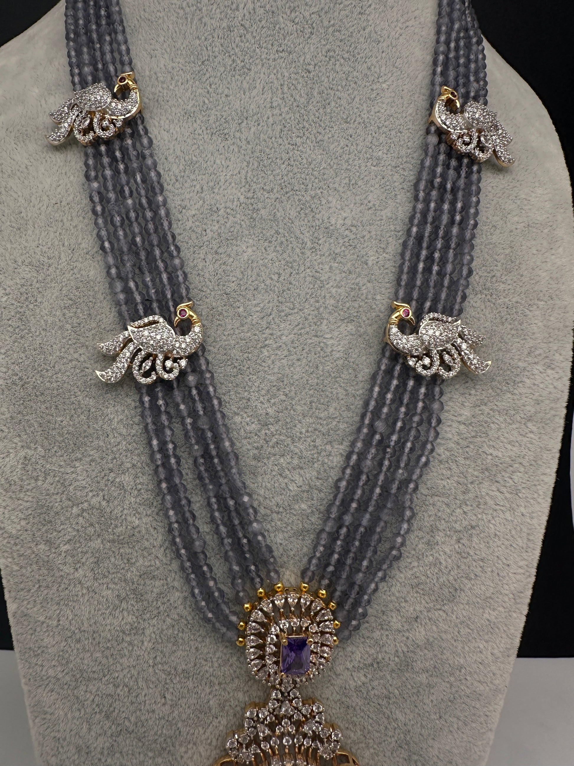 CZ Beads Long Color Stone Peacock Necklace - Purple