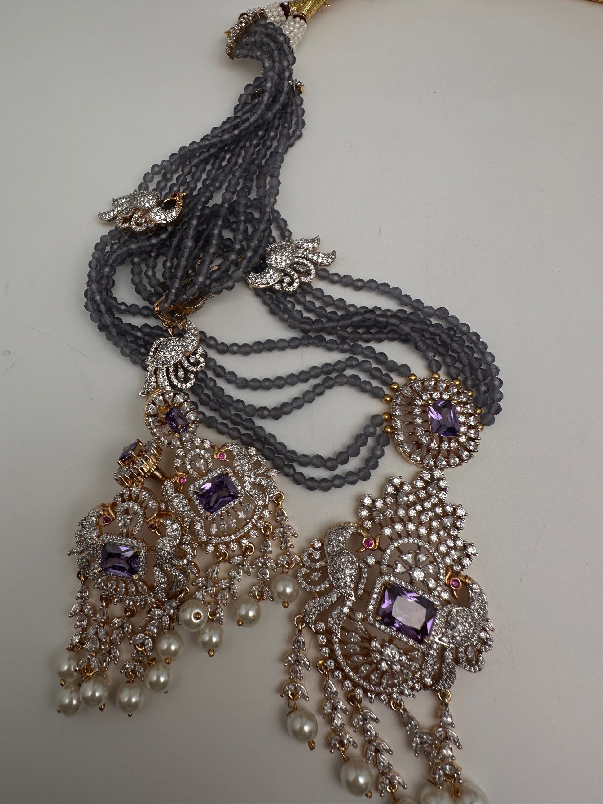 CZ Beads Long Color Stone Peacock Necklace - Purple