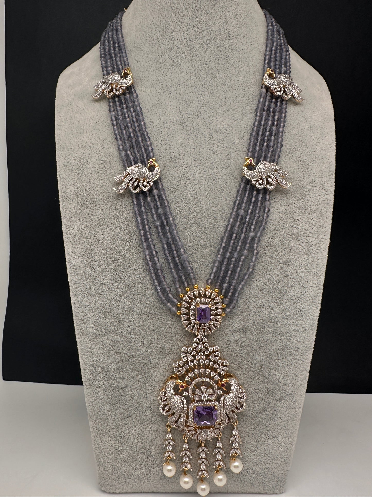 CZ Beads Long Color Stone Peacock Necklace - Purple
