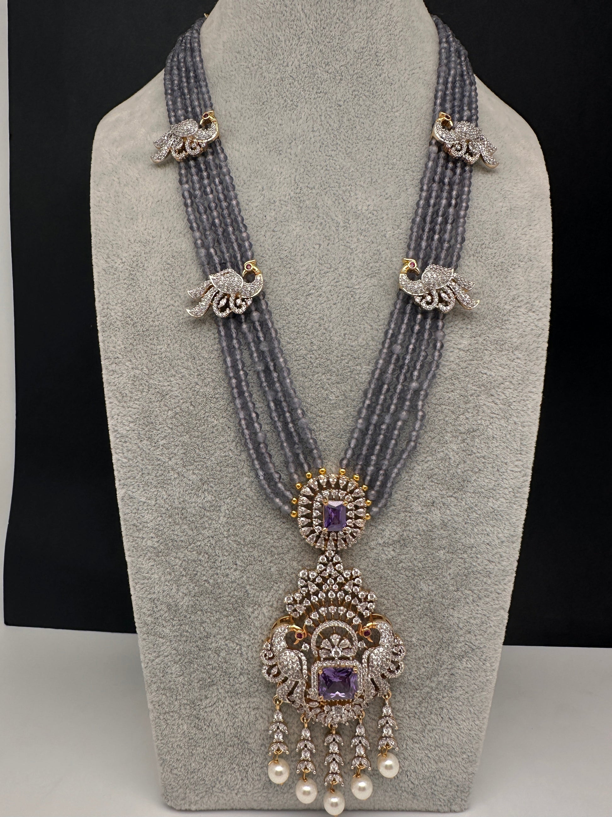 CZ Beads Long Color Stone Peacock Necklace - Purple