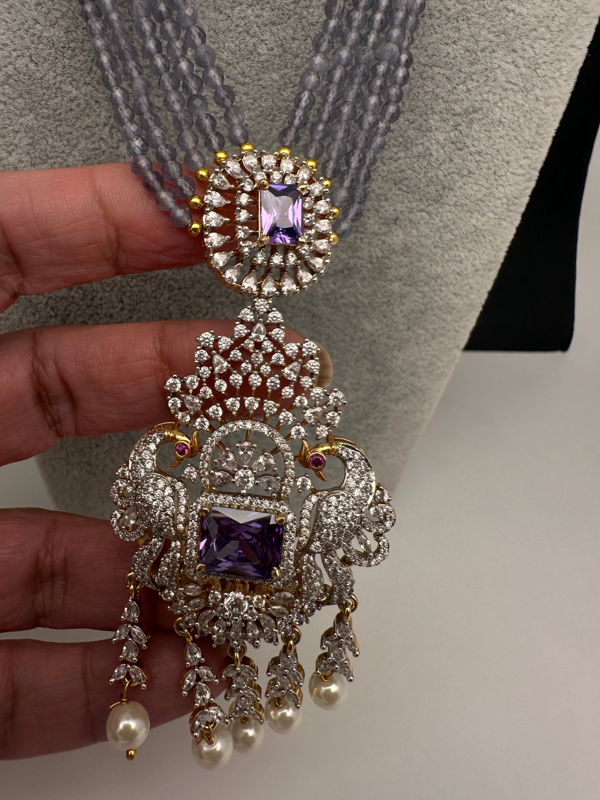 CZ Beads Long Color Stone Peacock Necklace - Purple