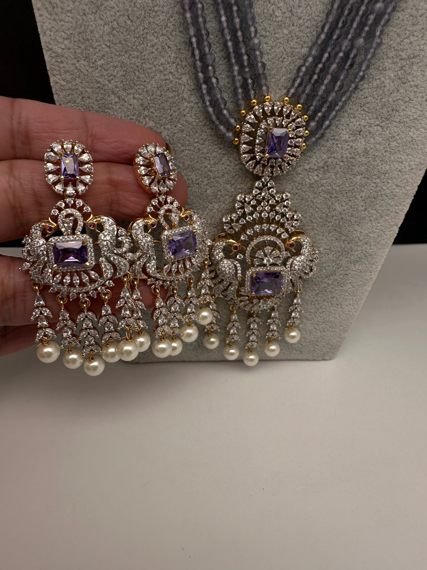CZ Beads Long Color Stone Peacock Necklace - Purple