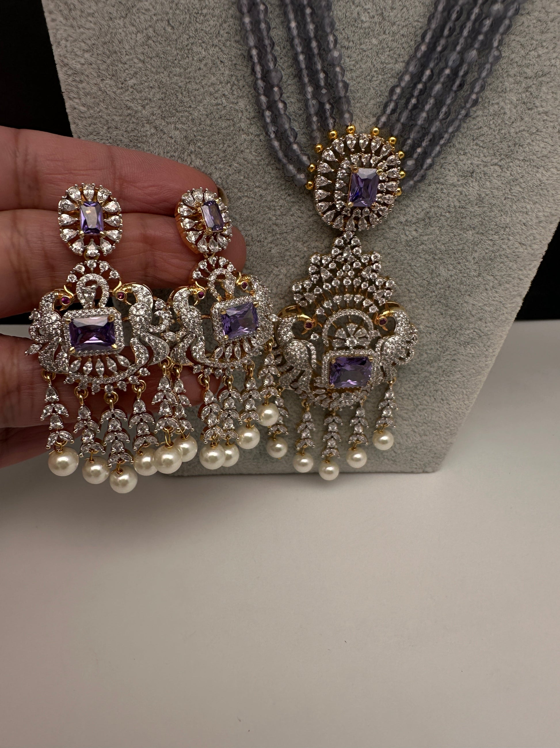 CZ Beads Long Color Stone Peacock Necklace - Purple