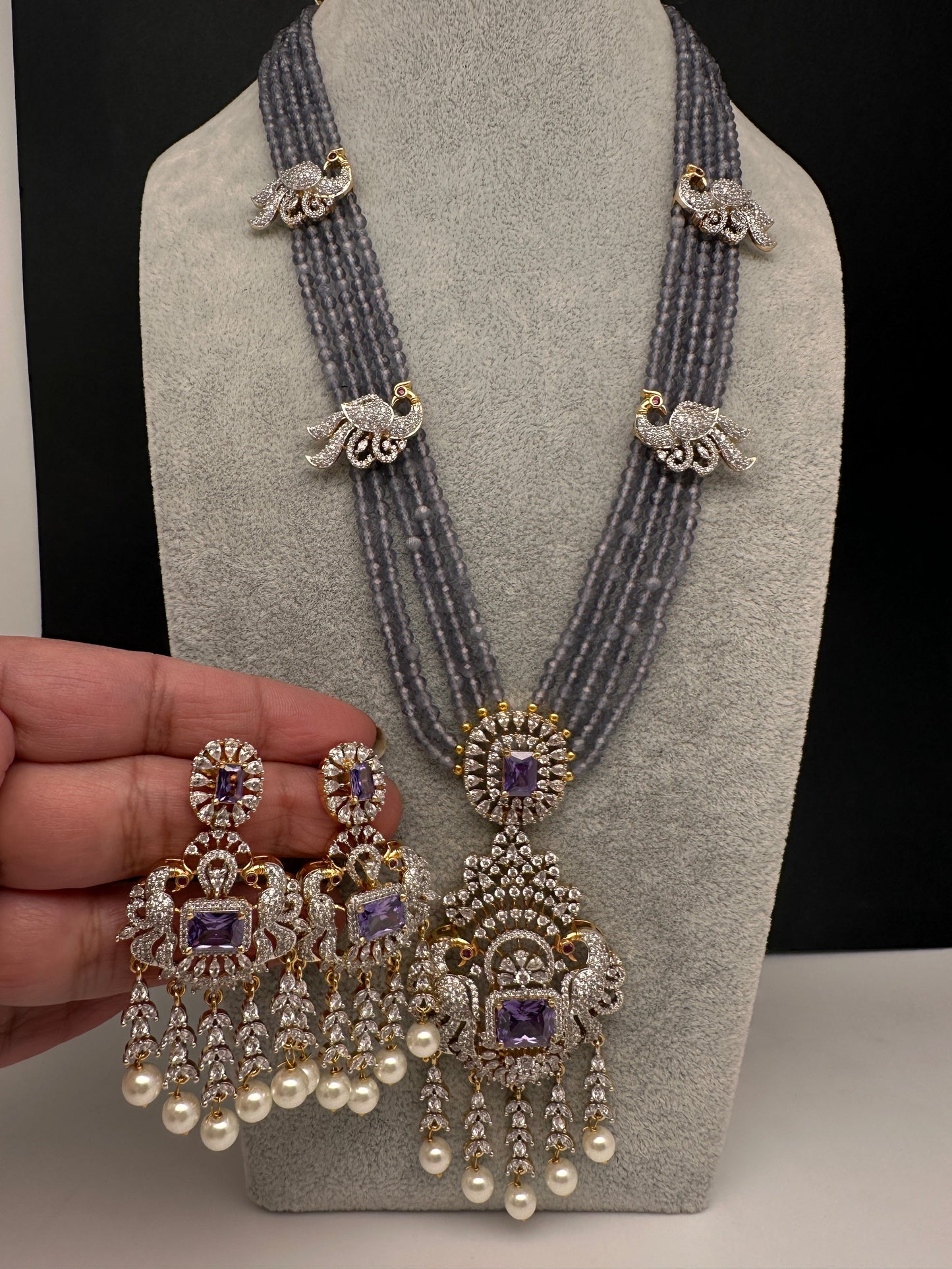 CZ Beads Long Color Stone Peacock Necklace - Purple
