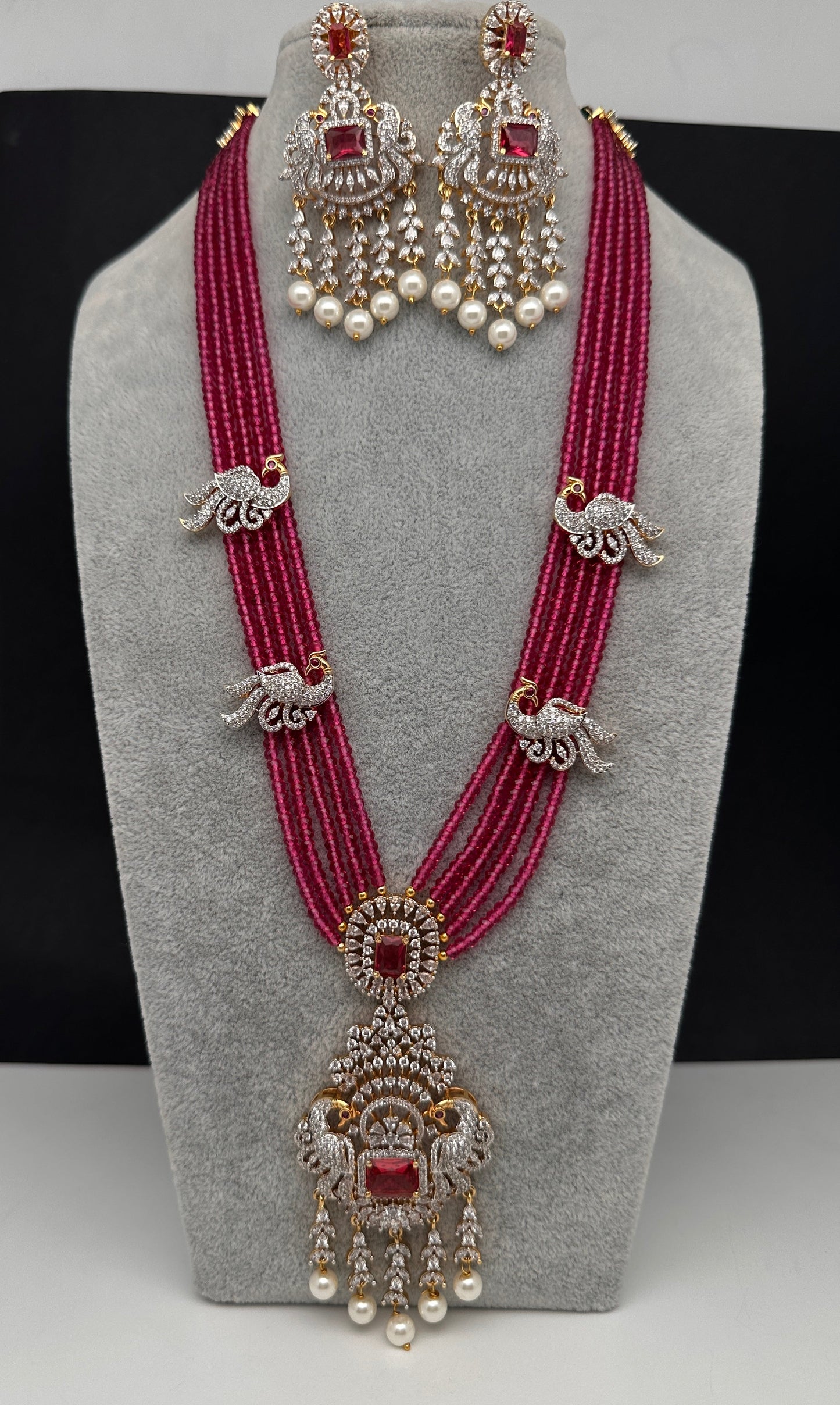 CZ Beads Long Color Stone Peacock Necklace - Red