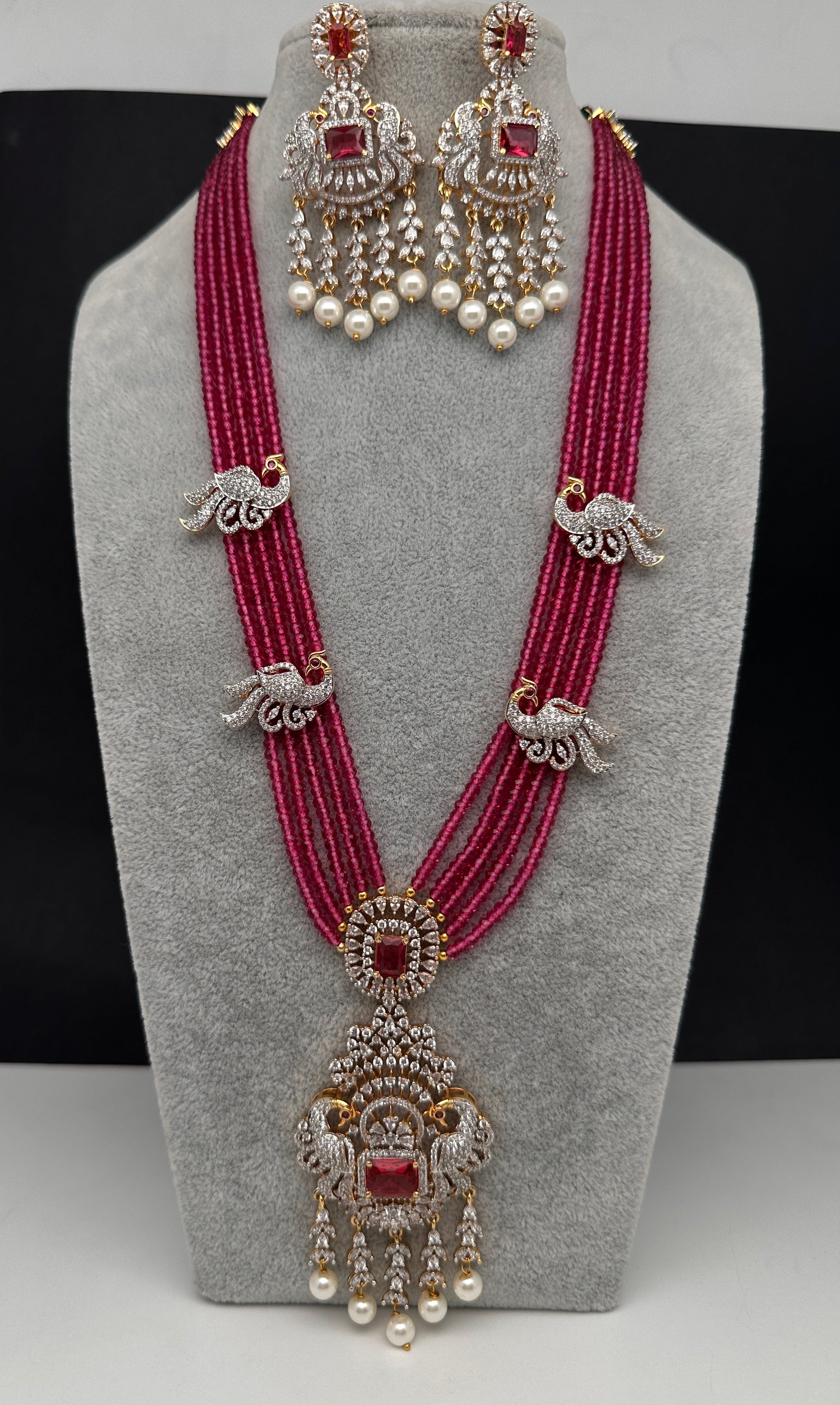 CZ Beads Long Color Stone Peacock Necklace - Red