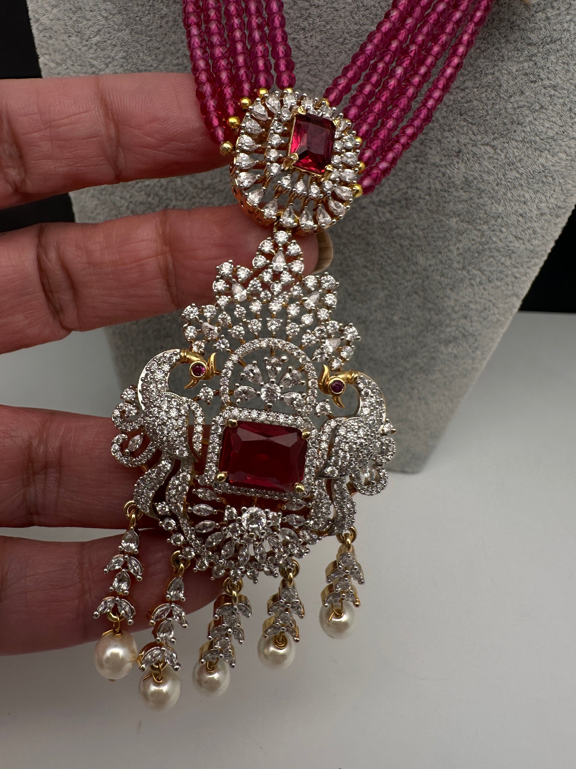 CZ Beads Long Color Stone Peacock Necklace - Red