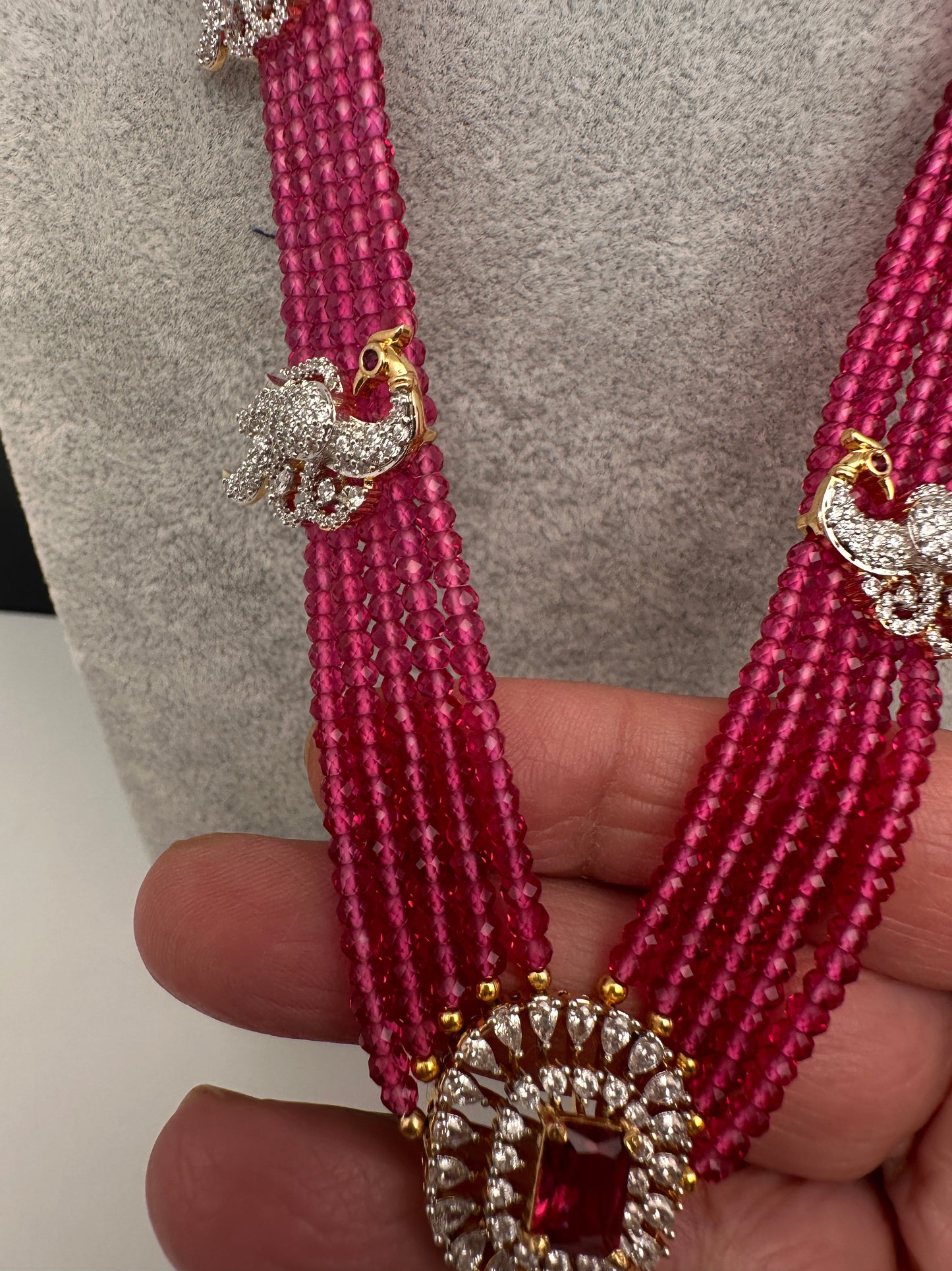 CZ Beads Long Color Stone Peacock Necklace - Red