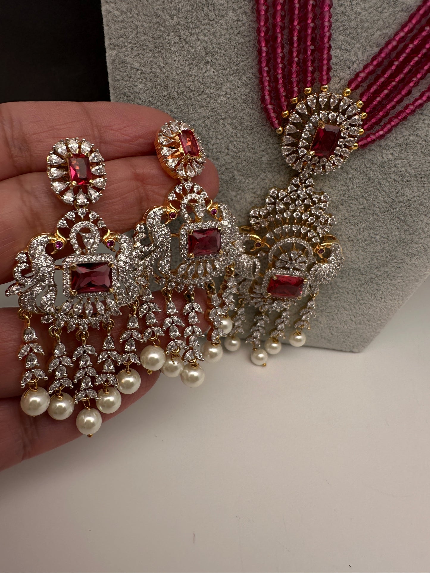 CZ Beads Long Color Stone Peacock Necklace - Red